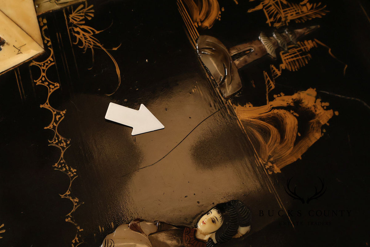 Asian Inspired Black Lacquer Coffee Table With Figural Inlay
