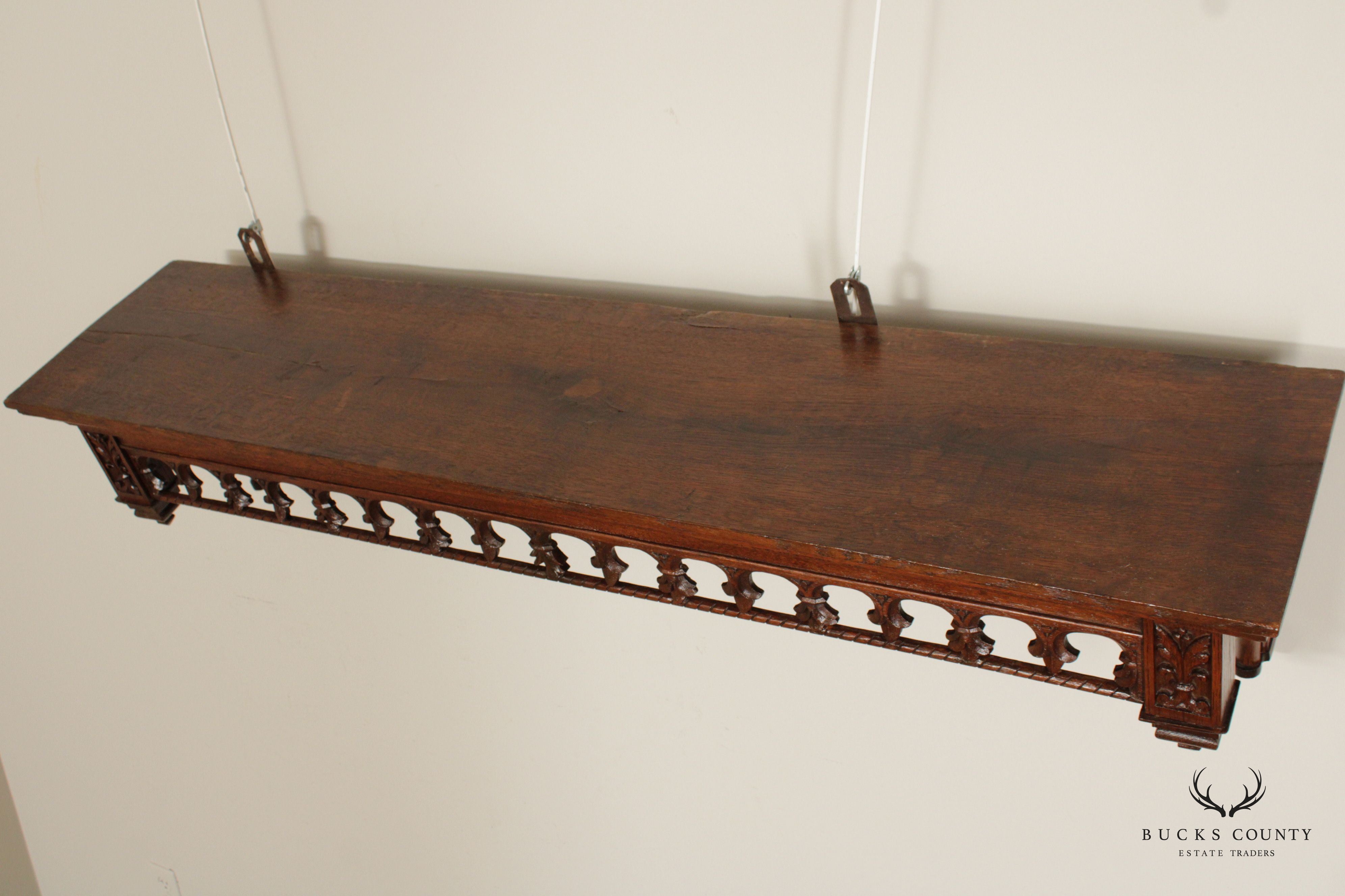 Antique French Gothic Revival Carved Oak Coat Rack Wall Shelf