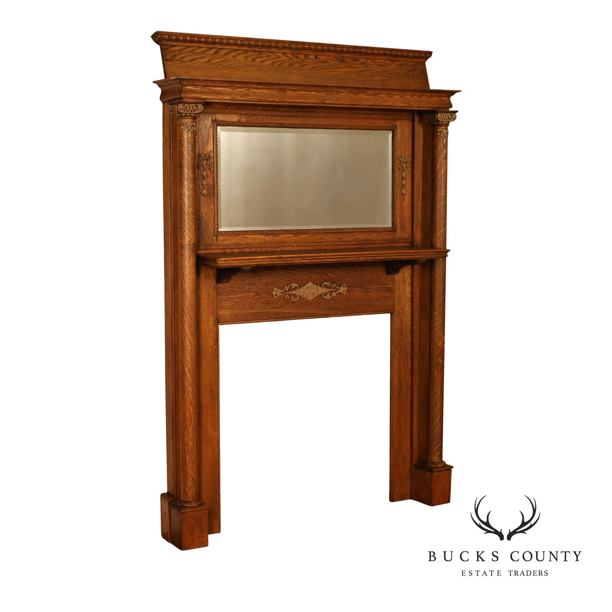 Antique C.B. Atkin Company Victorian Oak Mirrored Fireplace Mantel