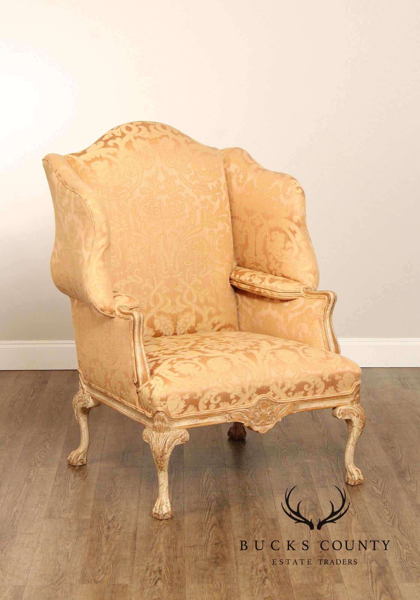 Georgian Style Antiqued Wingback Armchair and Ottoman