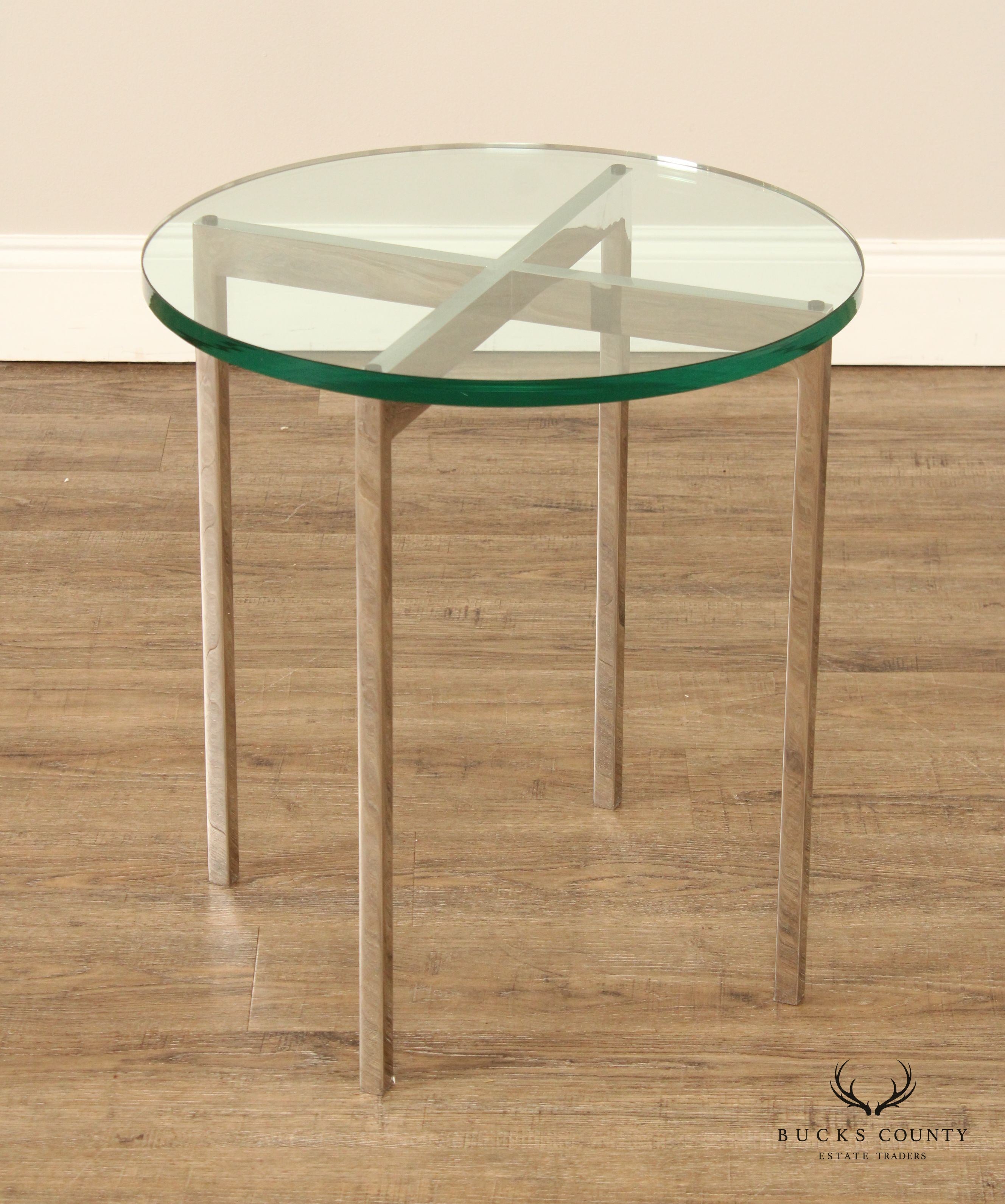 Postmodern Pair of Chrome Frame Round Glass Top Side Tables