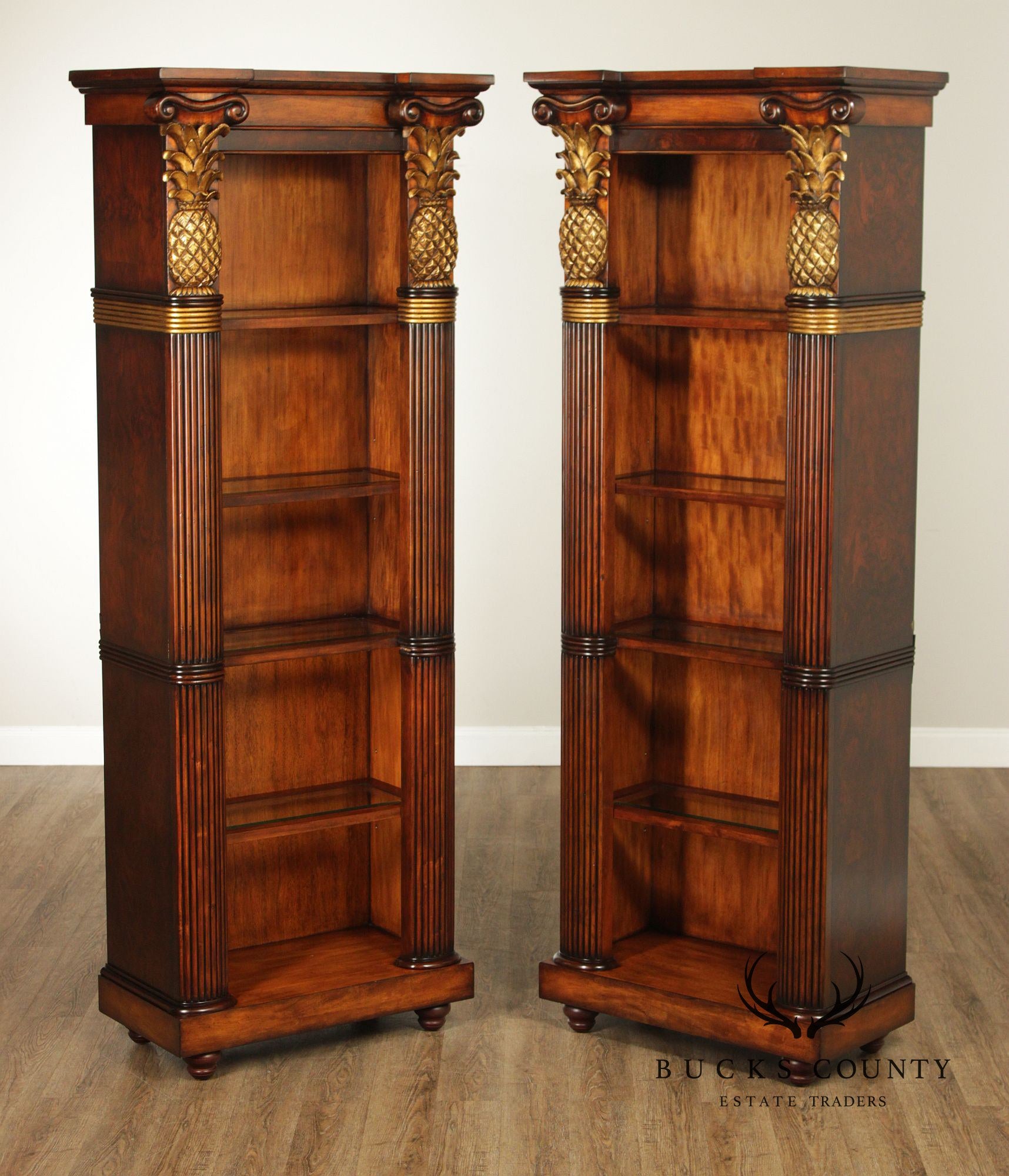 Century Furniture Pair Of Pineapple Carved Lighted Library Bookcases