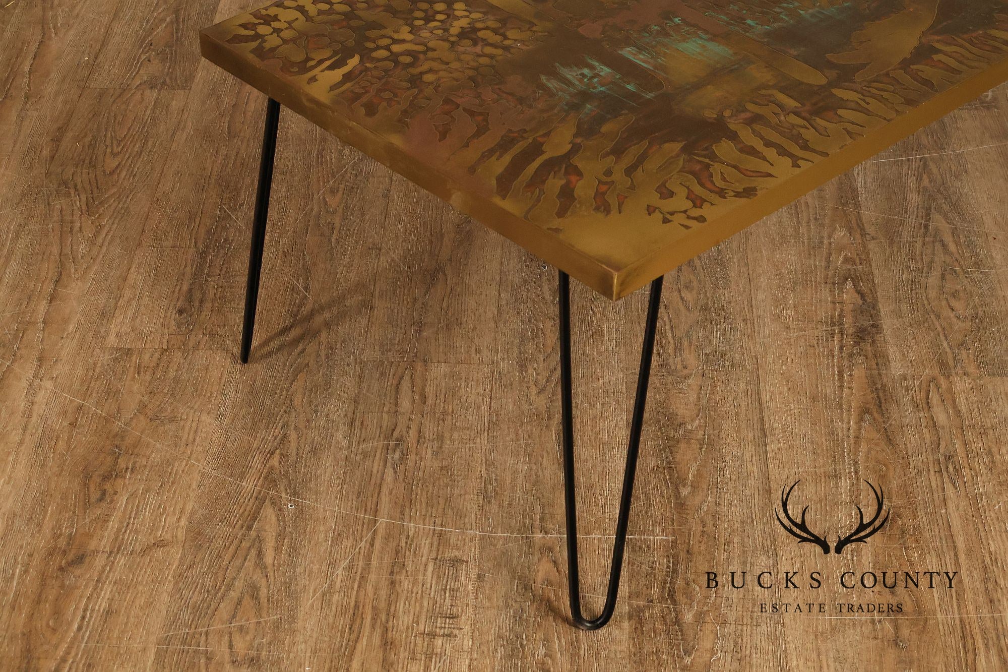 Mid Century Modern Acid Etched Brass Top Coffee Table With Hairpin Legs