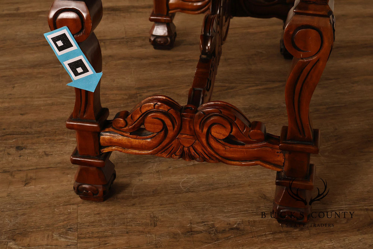 Victorian Style Carved Wood Upholstered Bench