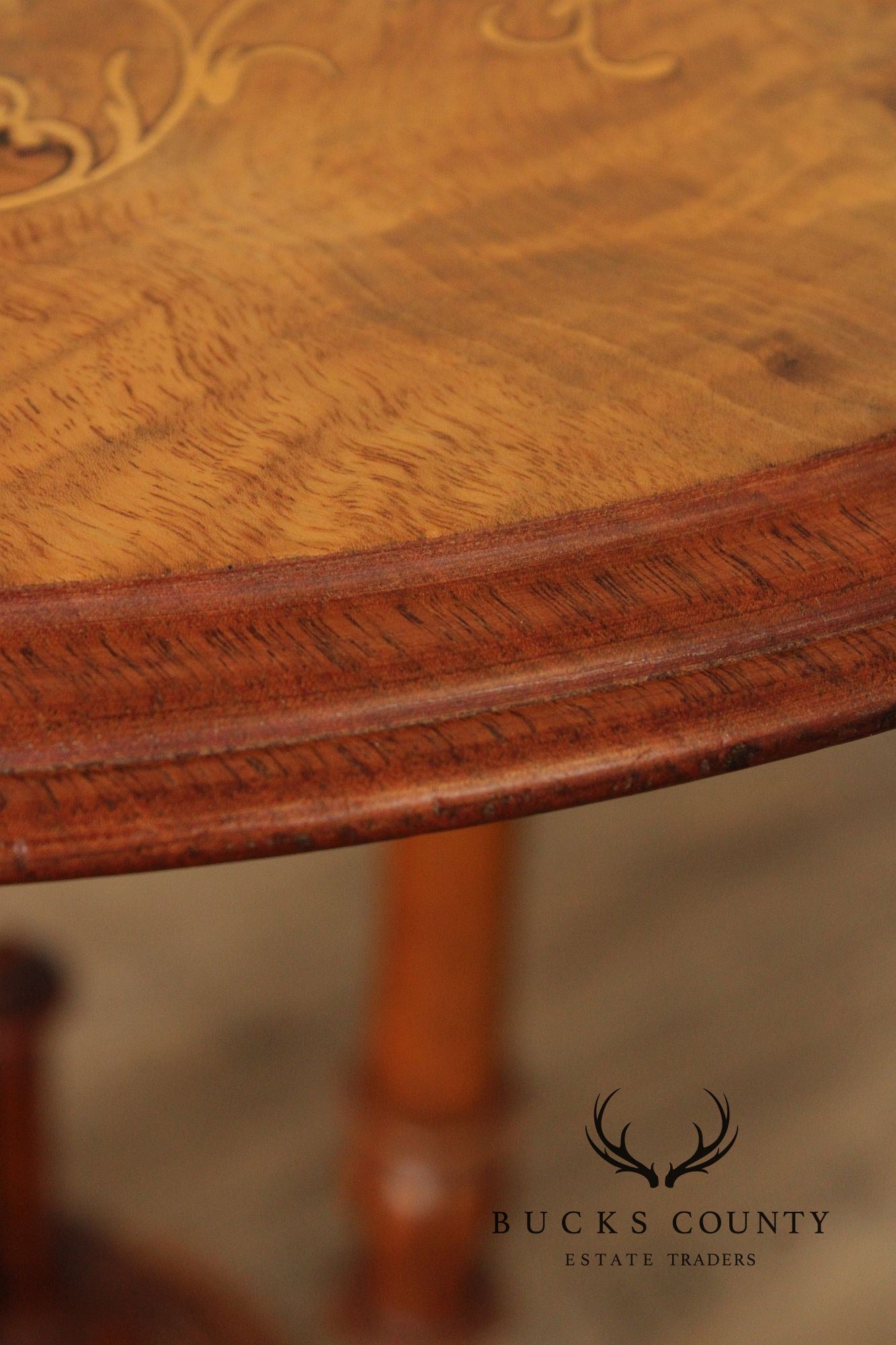 Antique Victorian Carved Inlaid Burl Wood Round Side Table