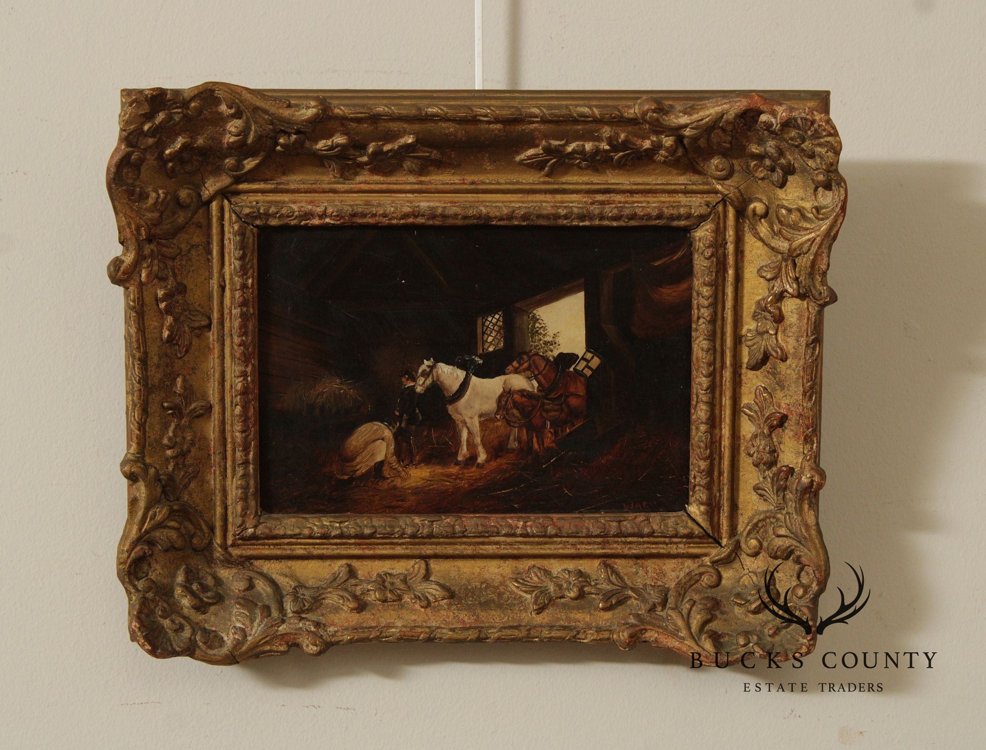 Antique Signed English School Painting, Horse Stable