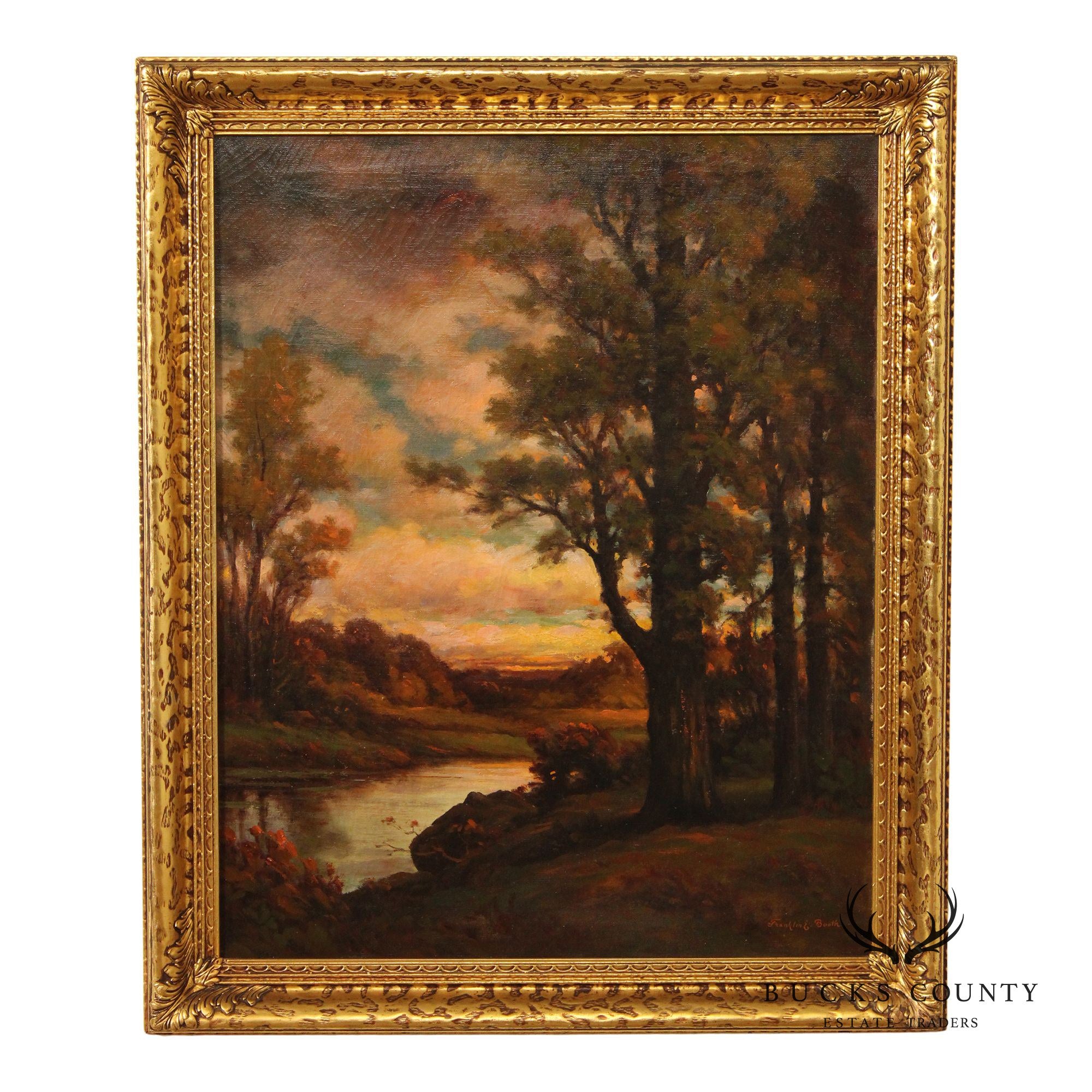 Franklin E. Booth Framed Oil Painting, Riverbank at Sunset