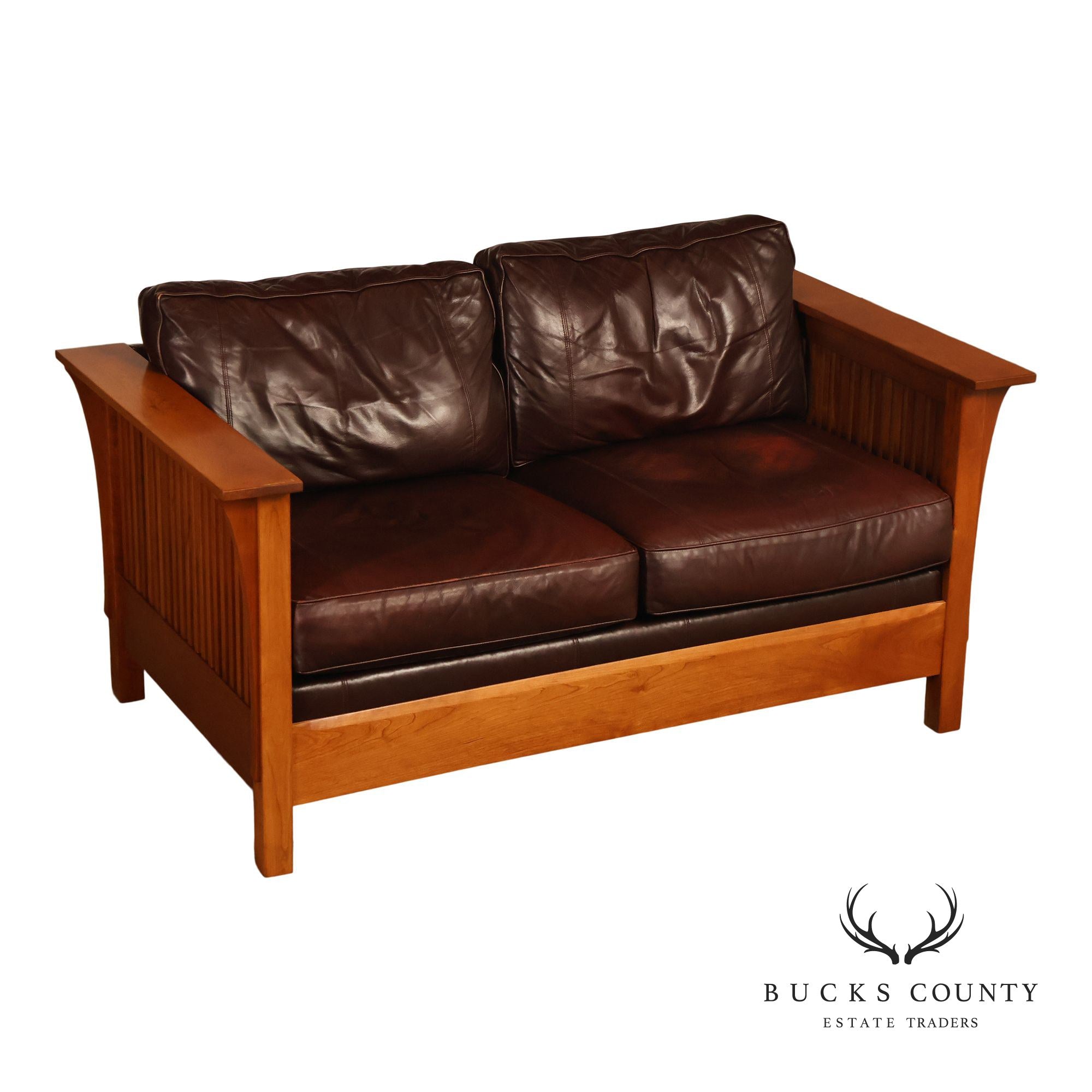 Stickley Mission Collection Cherry Wood Spindle Frame Leather Loveseat