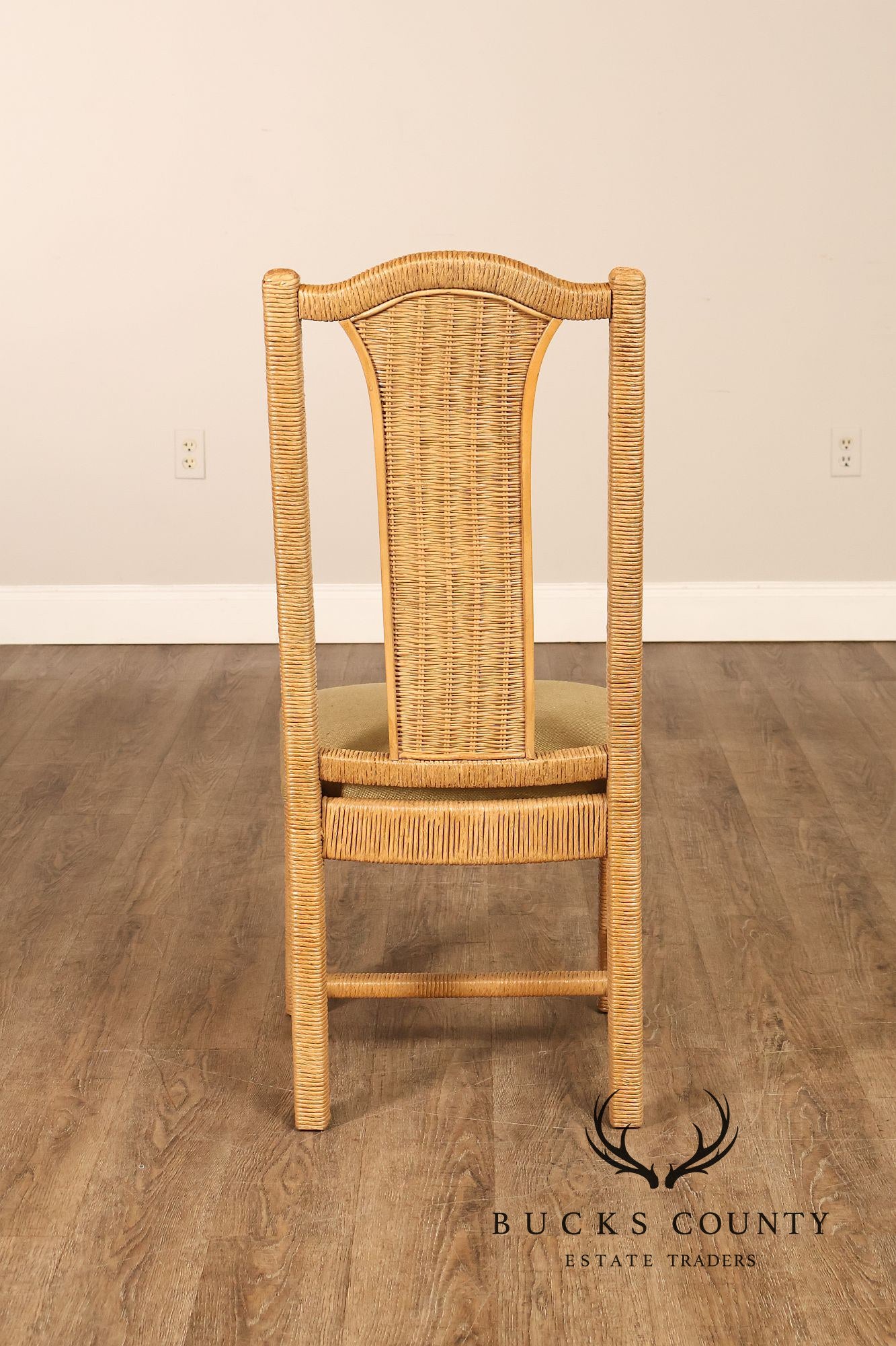 Vintage Wicker Set Of Six Dining Chairs With Upholstered Seats