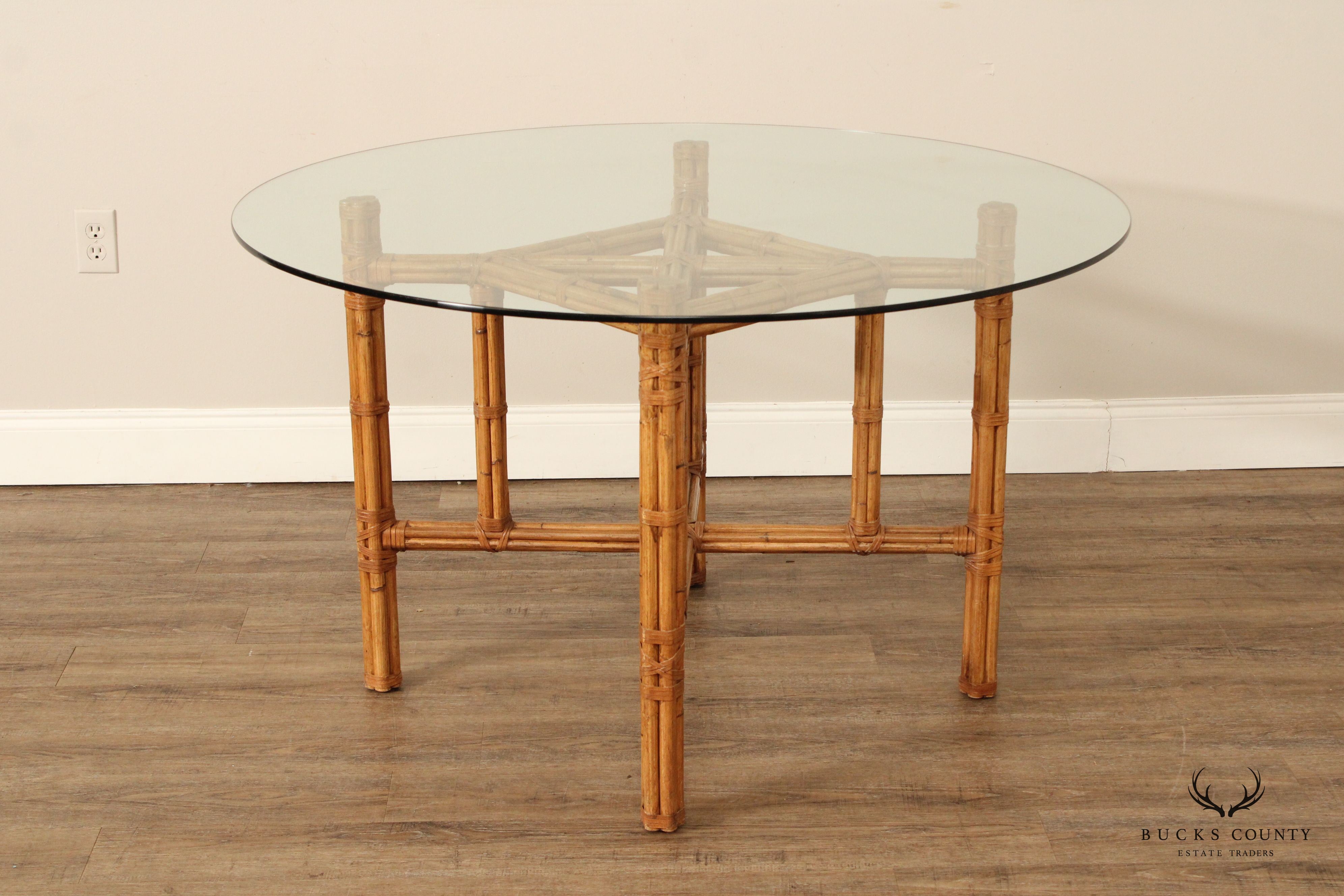 Hollywood Regency Vintage Round Glass Top Rattan Dining Table