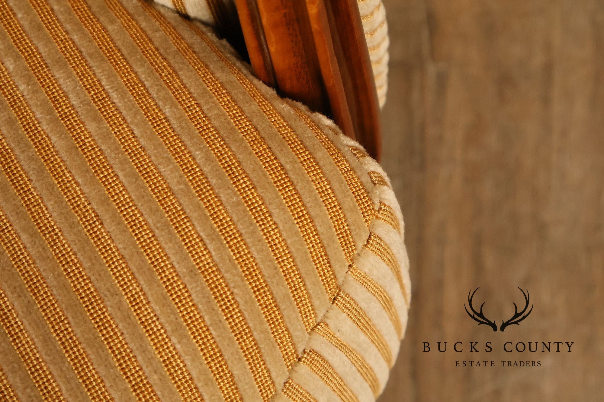 Medea Furniture Pair of  Louis XVI Style Carved Bergere Armchairs With Gold Striped Velvet Upholstery