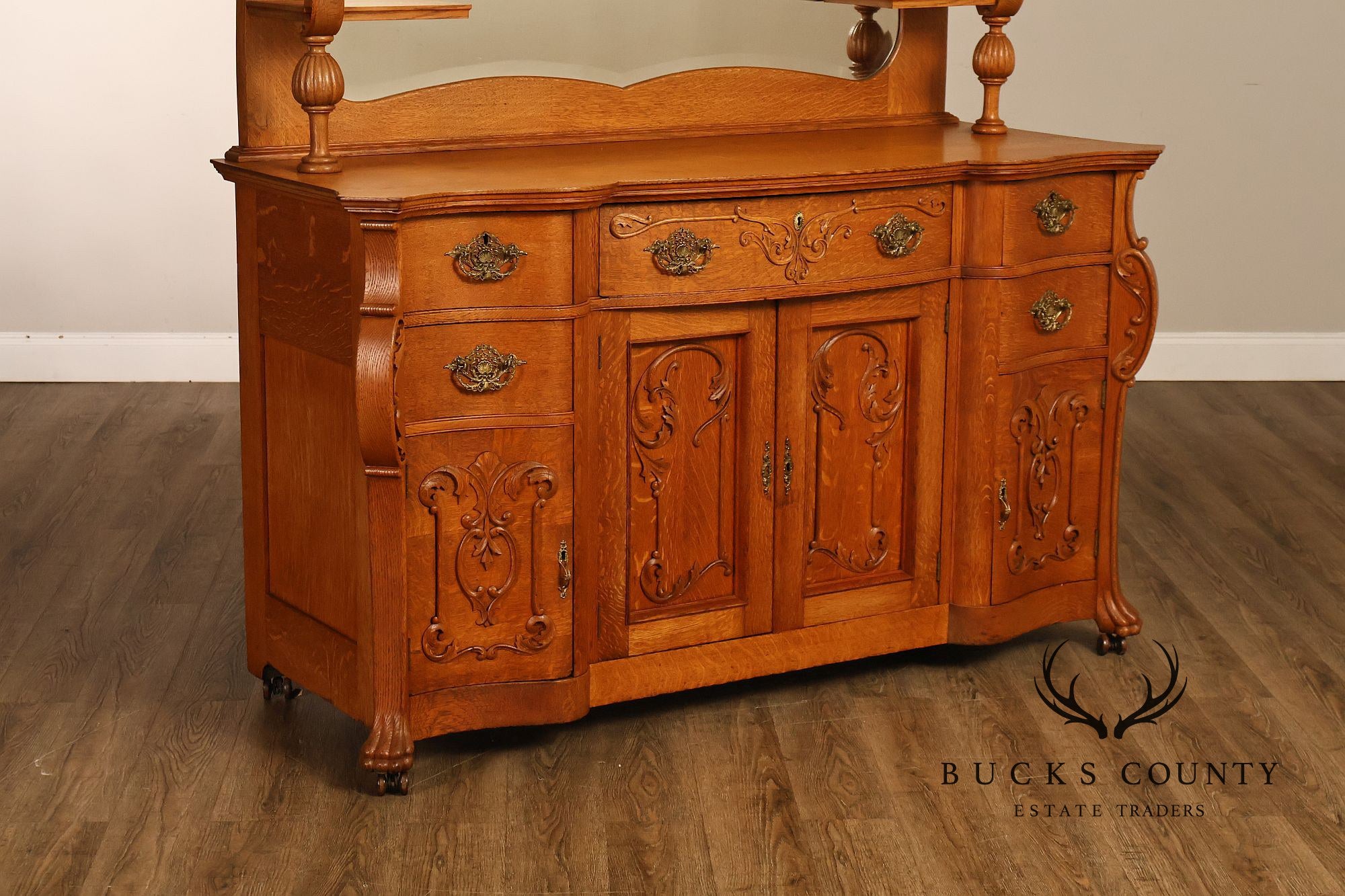 Antique Renaissance Revival Oak Sideboard with Mirrored Back