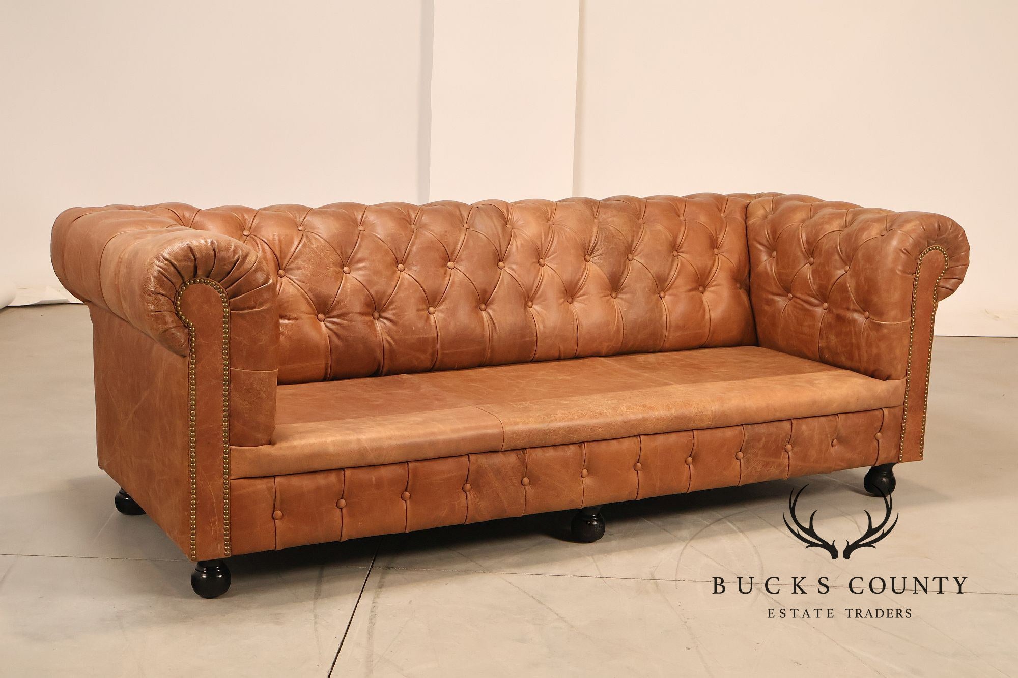 Chesterfield Style 7 Foot Distressed Brown Tufted Leather Sofa