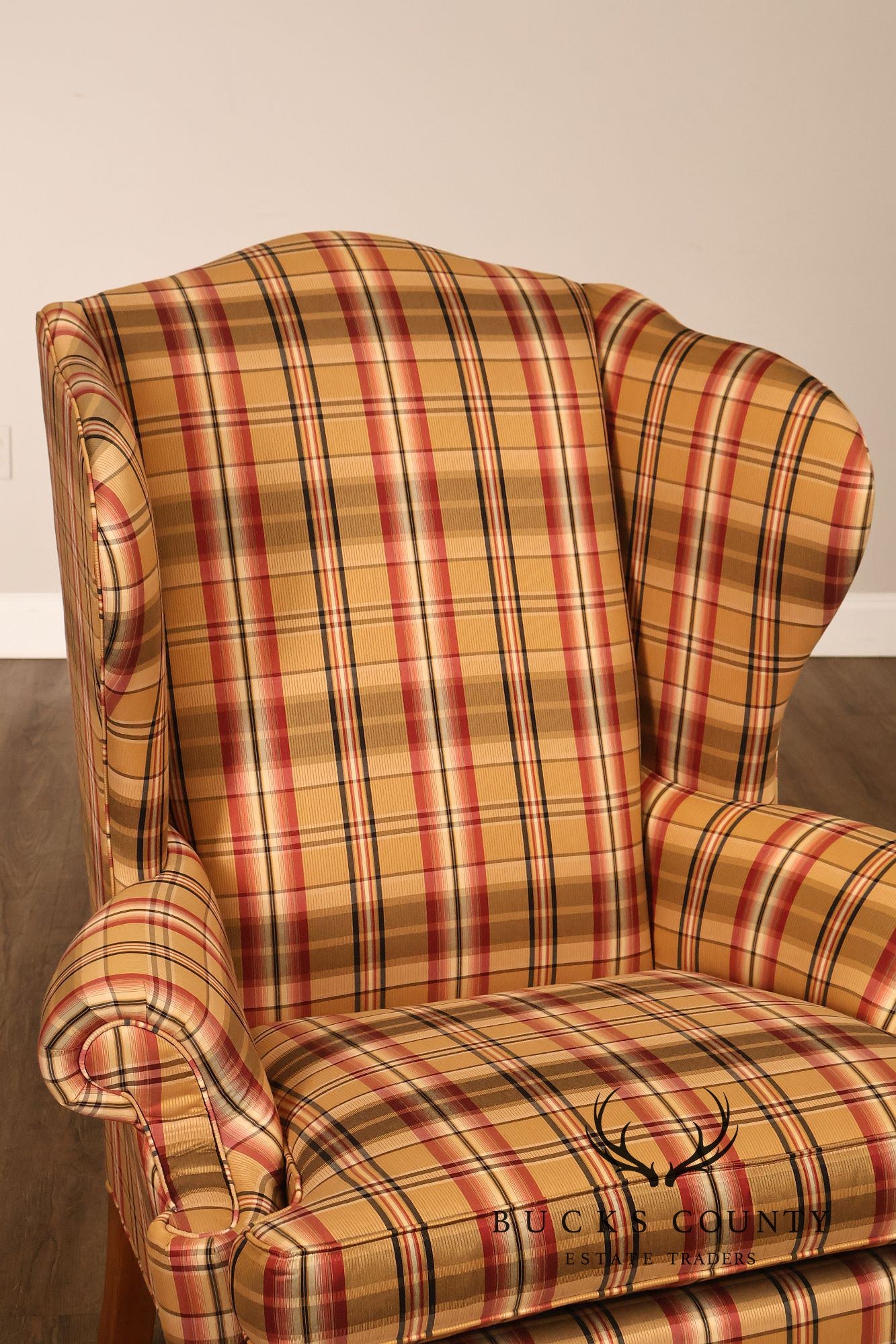 Ethan Allen Chippendale Style Plaid Upholstered Wing Chair