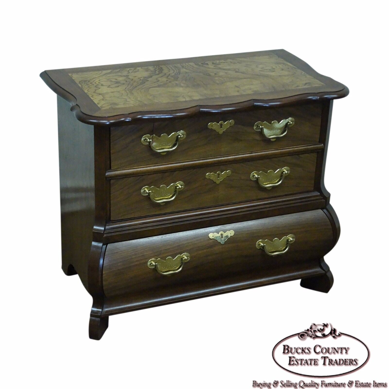 Baker Furniture Small Burl Wood & Walnut Bombe Chest