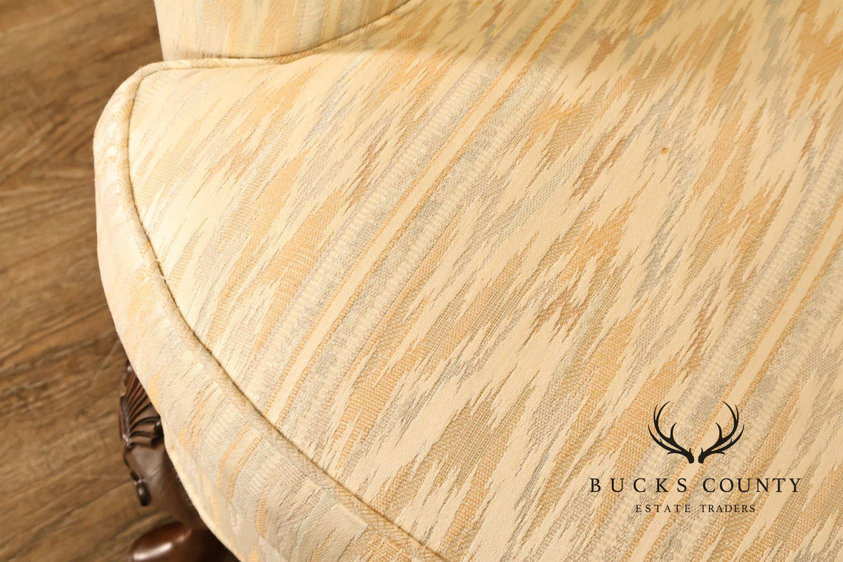 Traditional Upholstered Pair Of Wingback Armchairs With Carved Cabriole Legs