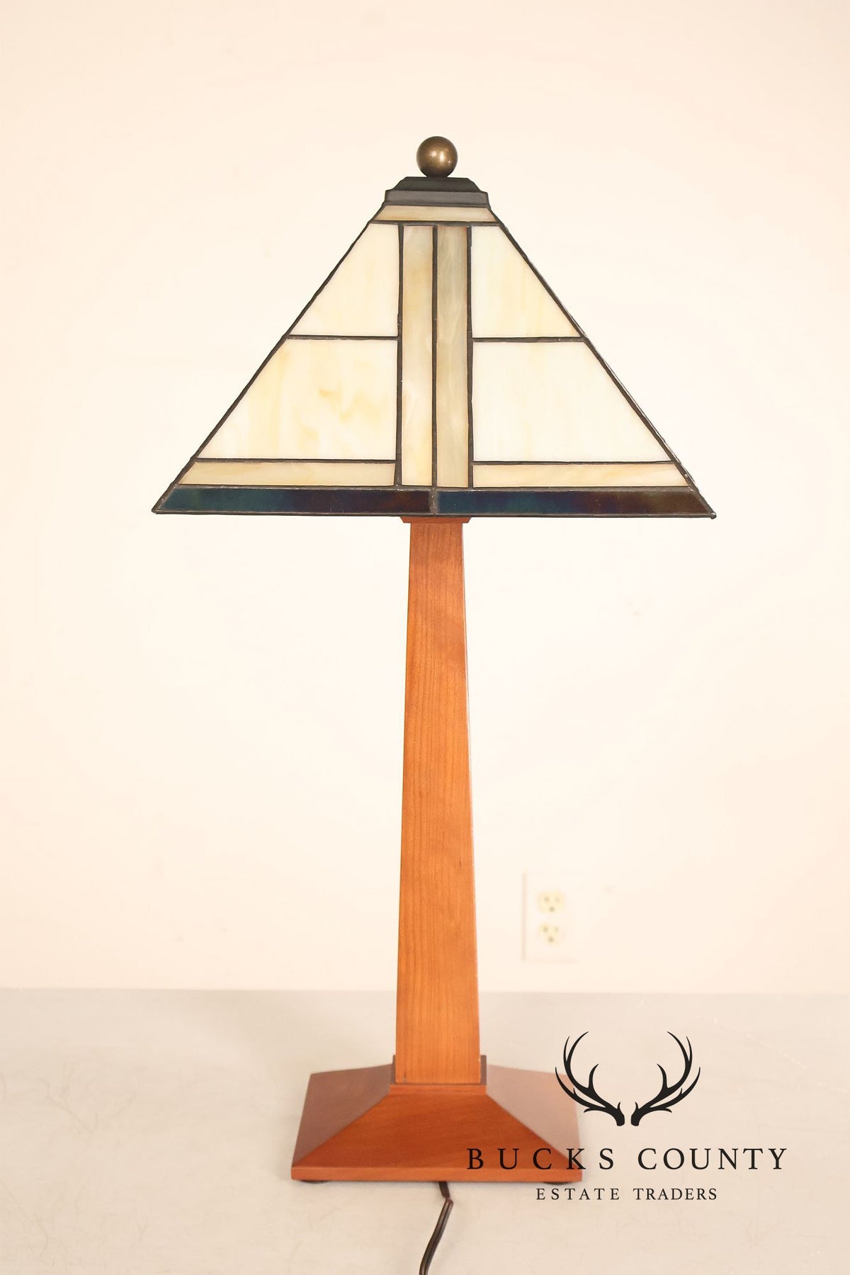 Stickley Stained Glass Shade Cherry Wood Table Lamp