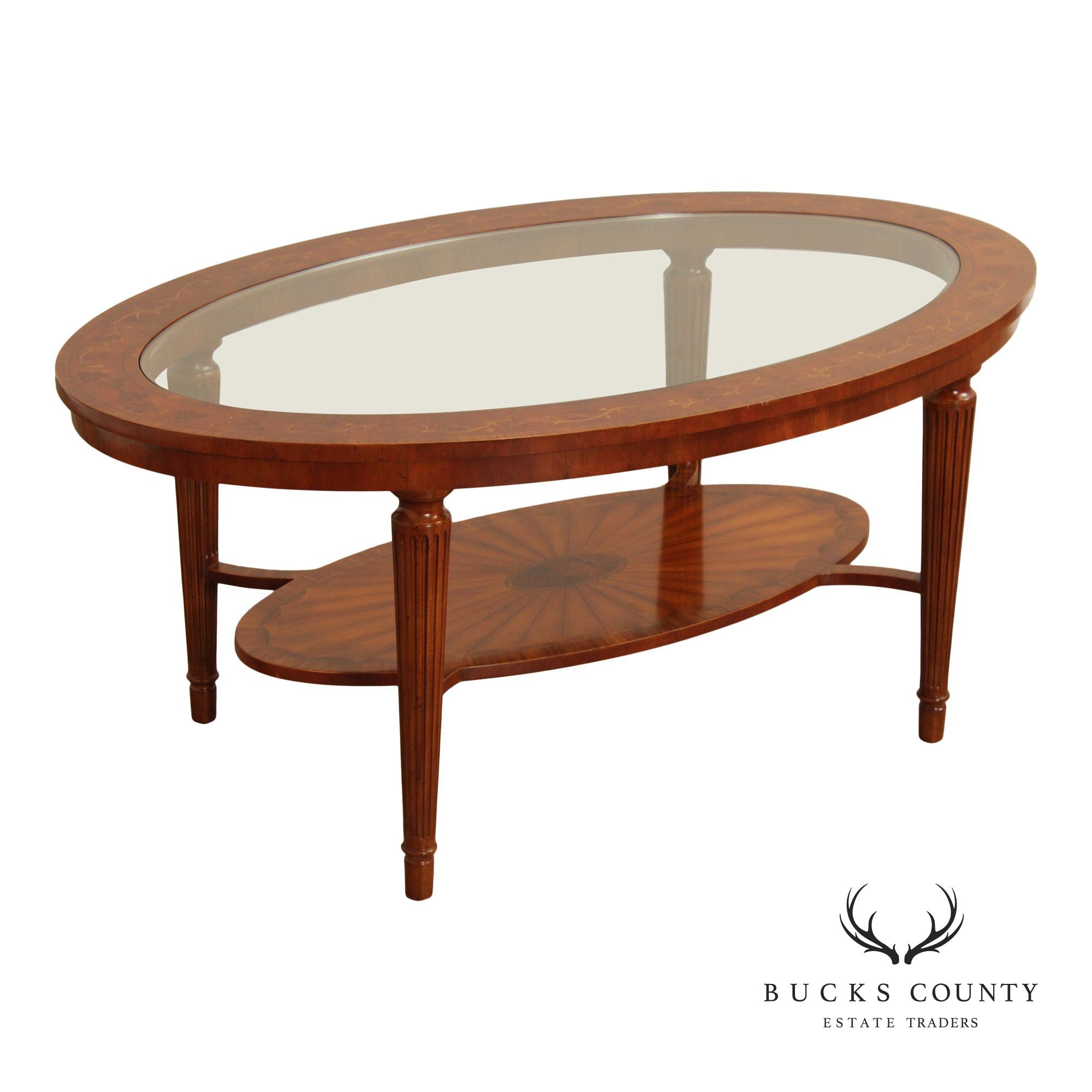 Maitland Smith Glass Top Oval Marquetry Inlaid Coffee Table