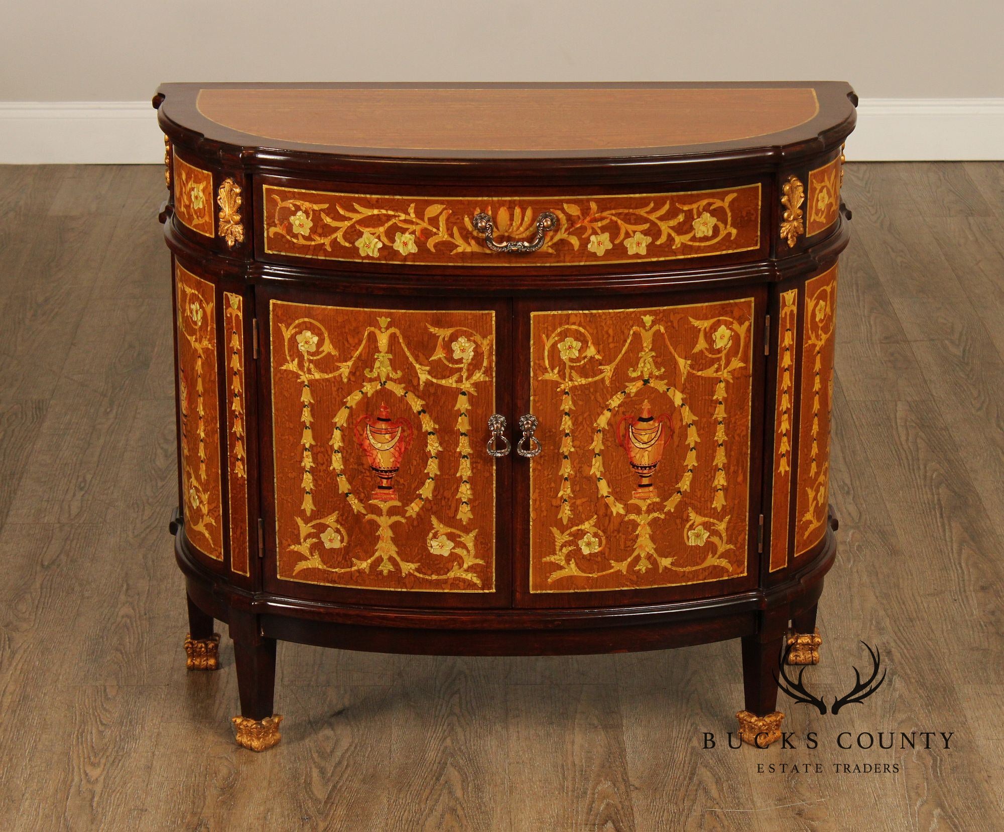 Italian Neoclassical Style Pair of Marquetry Demilune Commodes