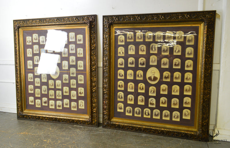 Antique Aesthetic Carved Pair Large Gold Frames with Historical Lodge Photos