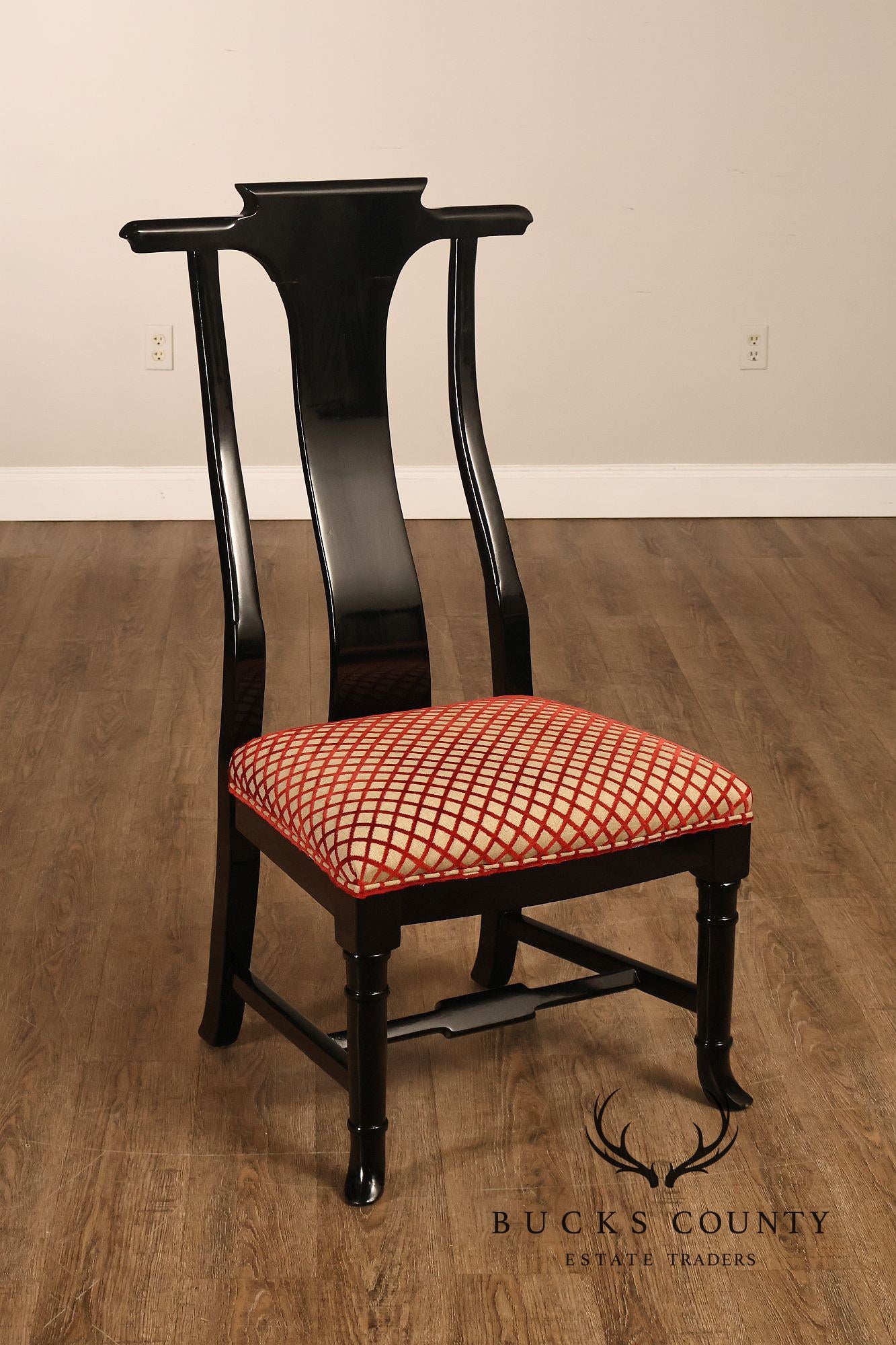 12 Custom Black Lacquered Asian Inspired Dining Chairs
