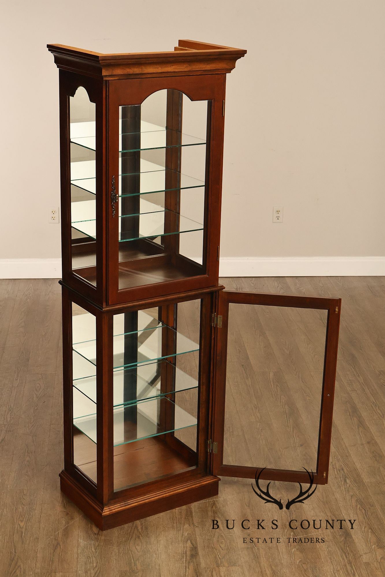 Narrow Cherry Lighted Curio Display Cabinet With Glass Shelves