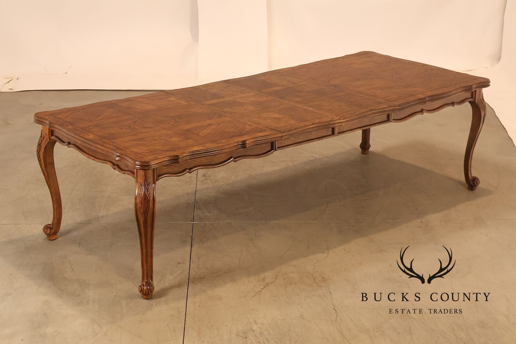 Century French Country Oak Parquet Top Expandable Dining Table With 2 Leaves