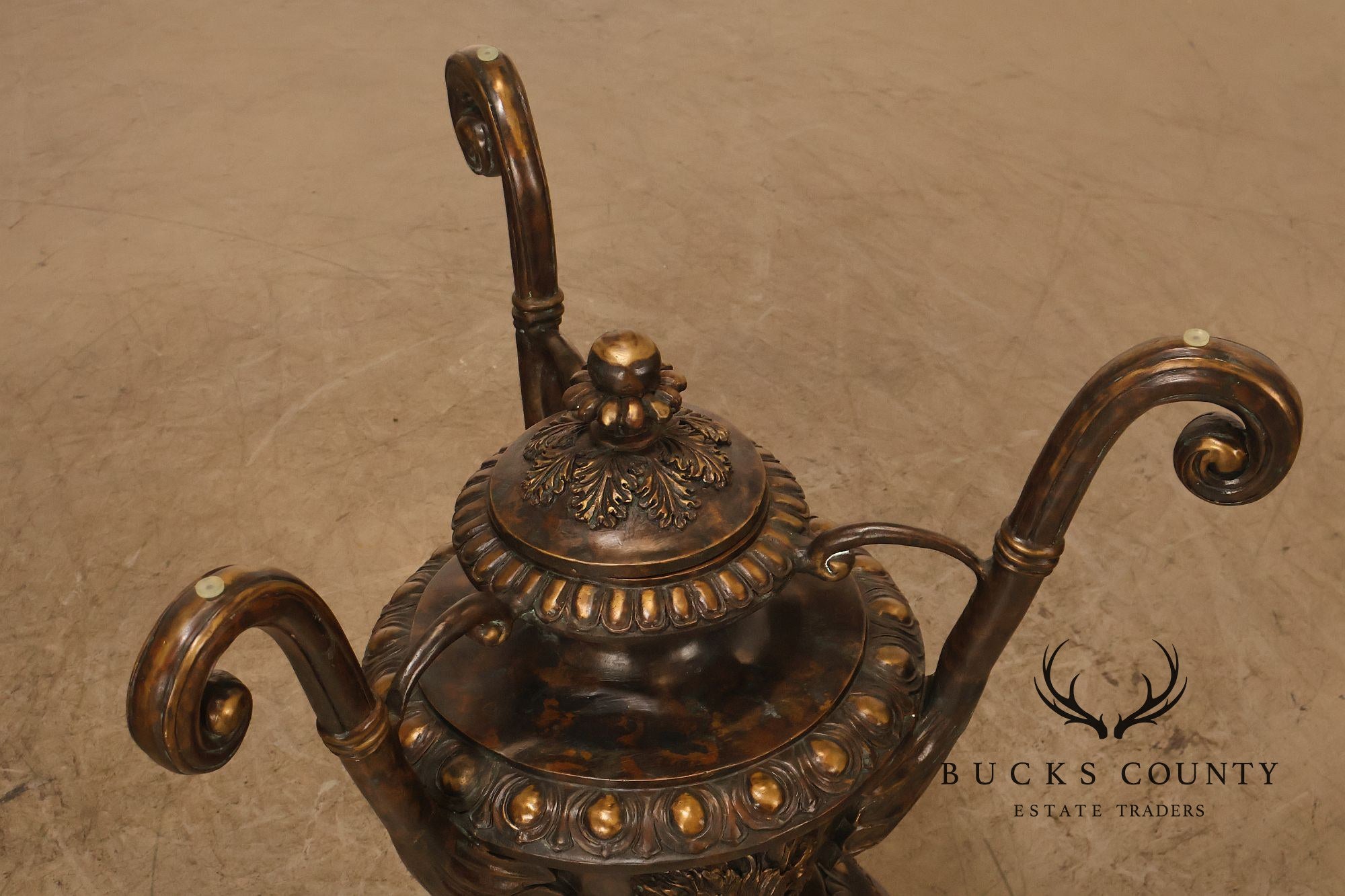 Monumental Brass Urn Form  Double Pedestal Glass Top Dining Table