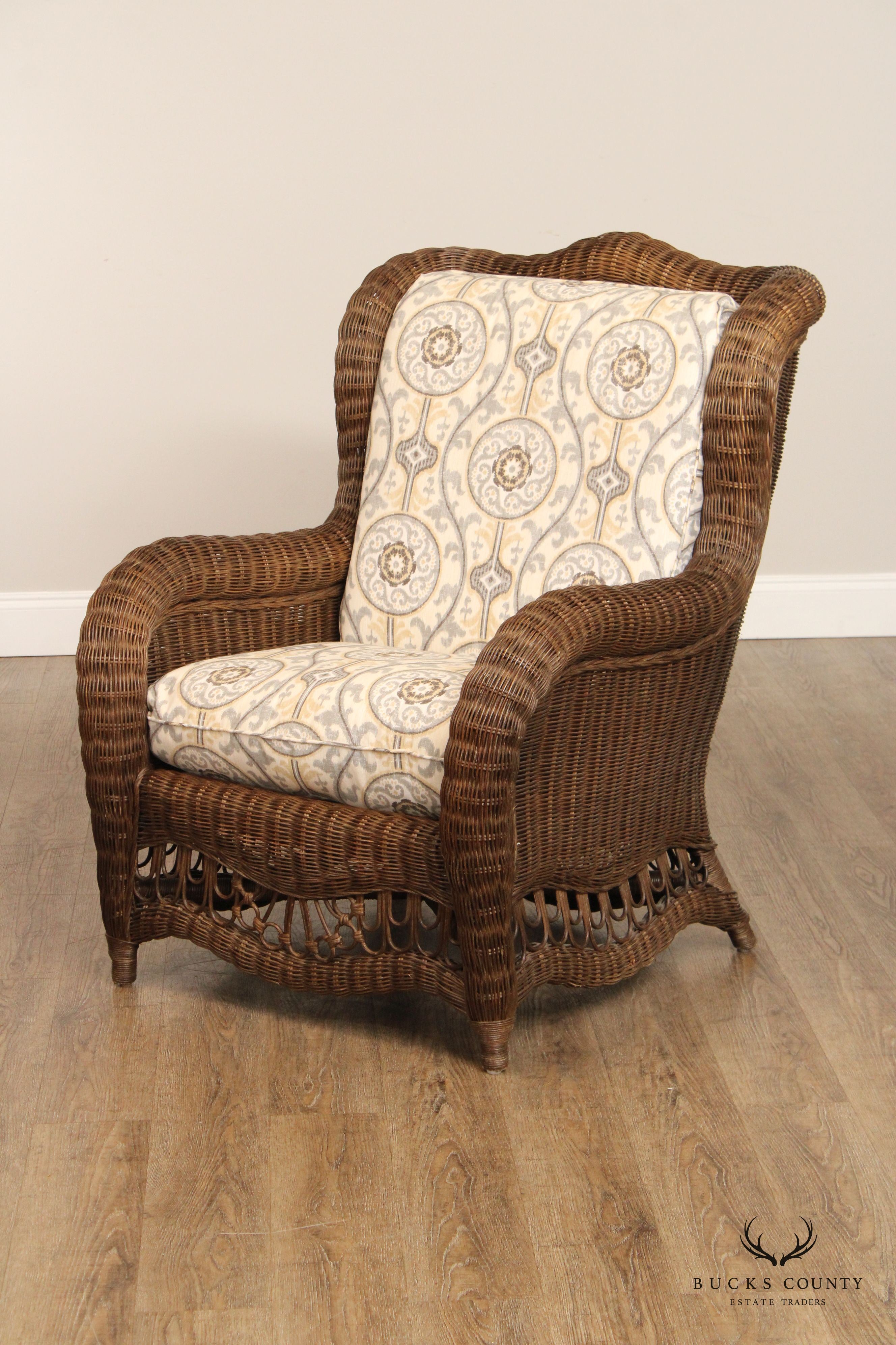 Ethan Allen Victorian Style Wicker Wing Chair and Ottoman