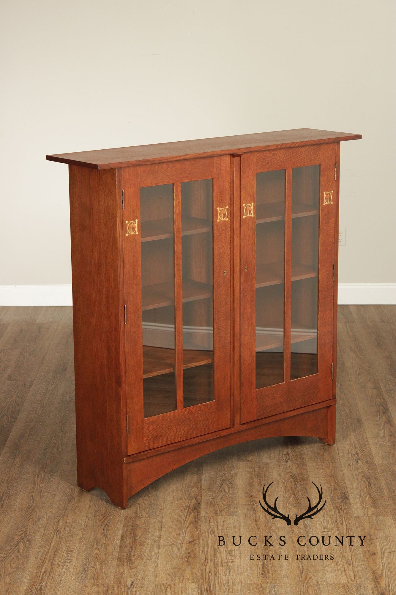 Stickley Mission Collection Oak Two Door Bookcase Harvey Ellis Inlaid Oak 2 Door Bookcase