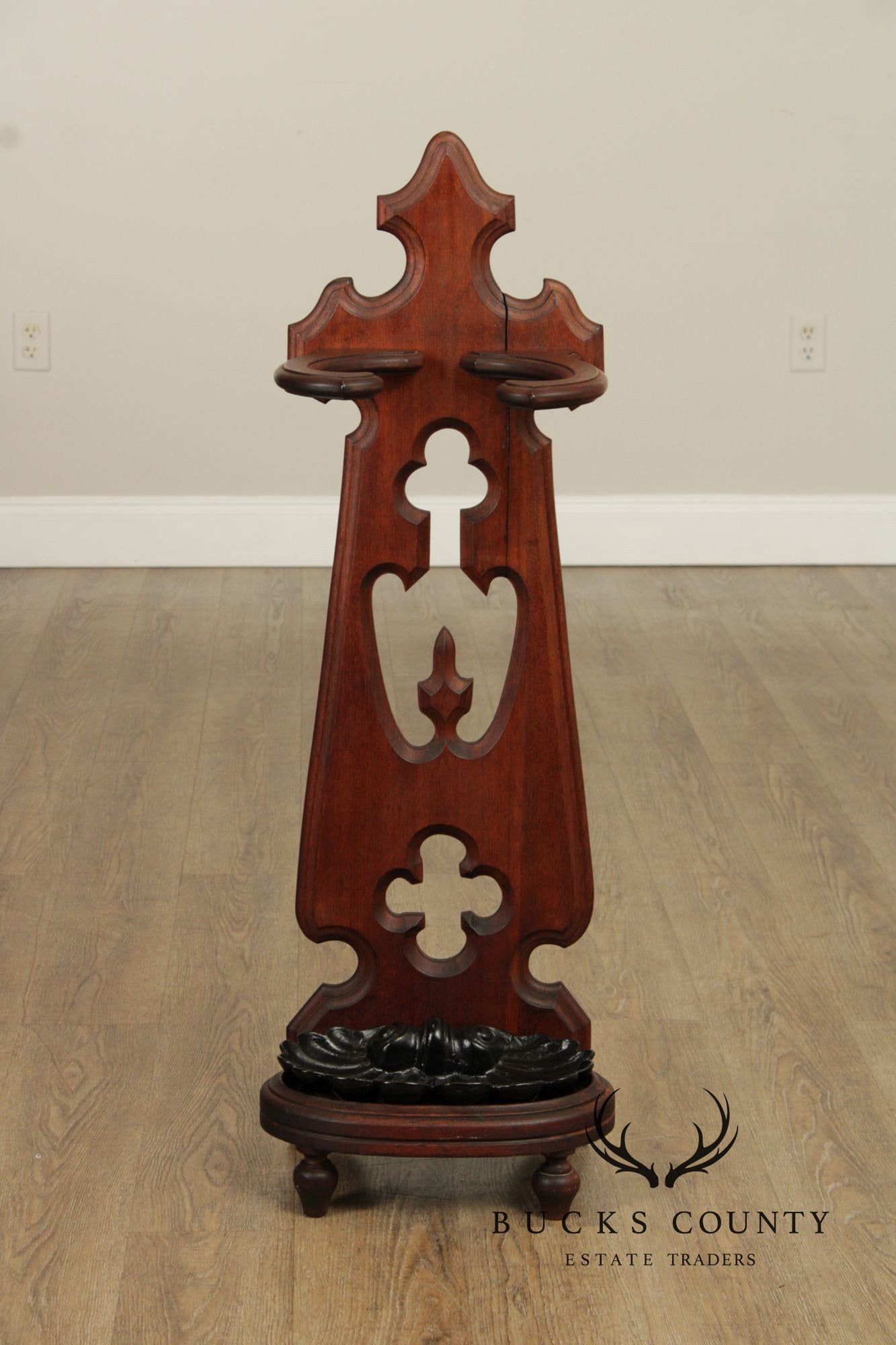 Antique Victorian Gothic Revival Umbrella Stand With Cast Iron Drip Pan