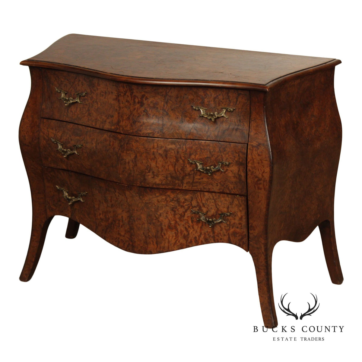 Vintage Louis XV Style Burlwood Bombe Three-Drawer Commode Chest