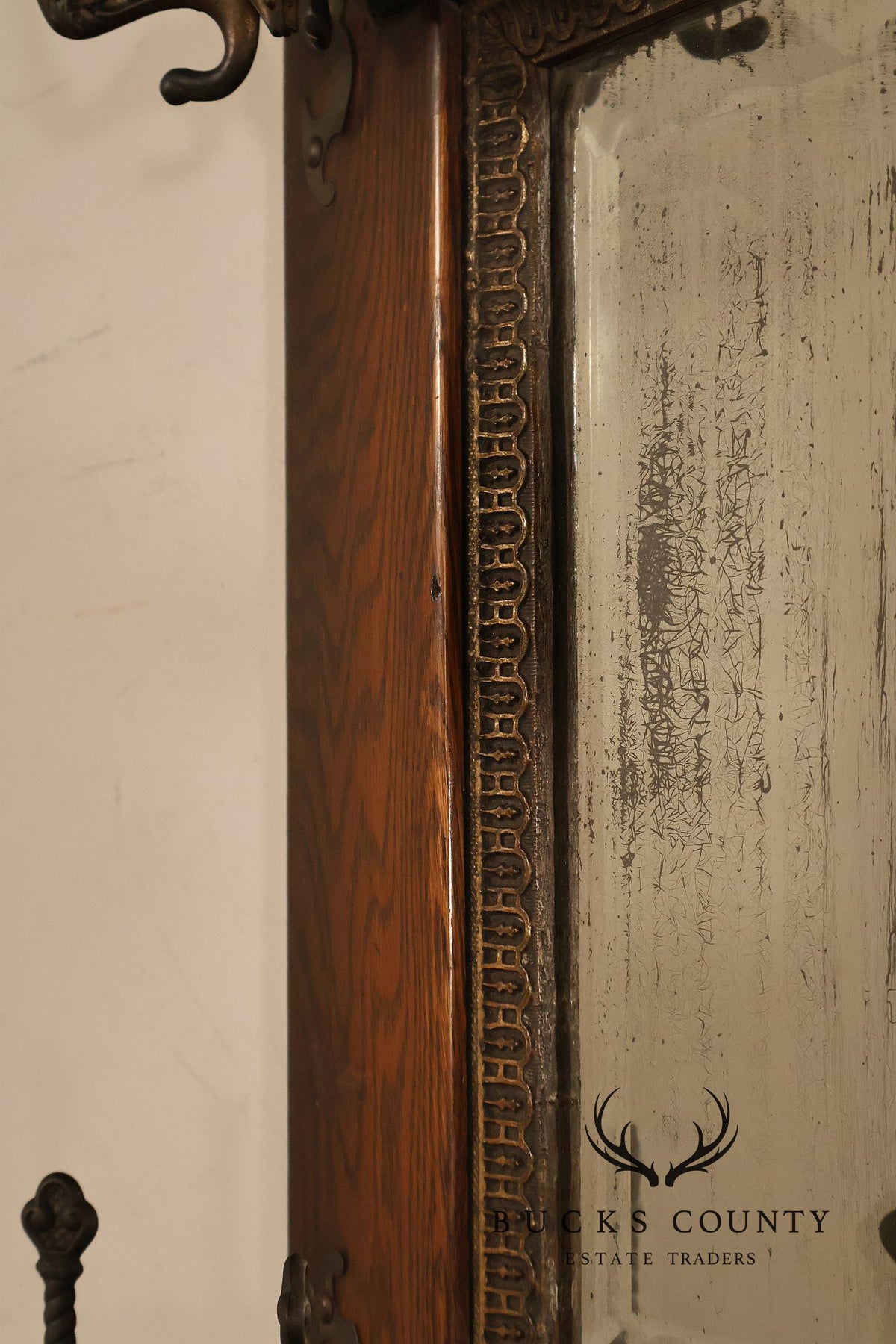 Antique Victorian Oak Wall Mirror With Cast Iron Coat Hooks