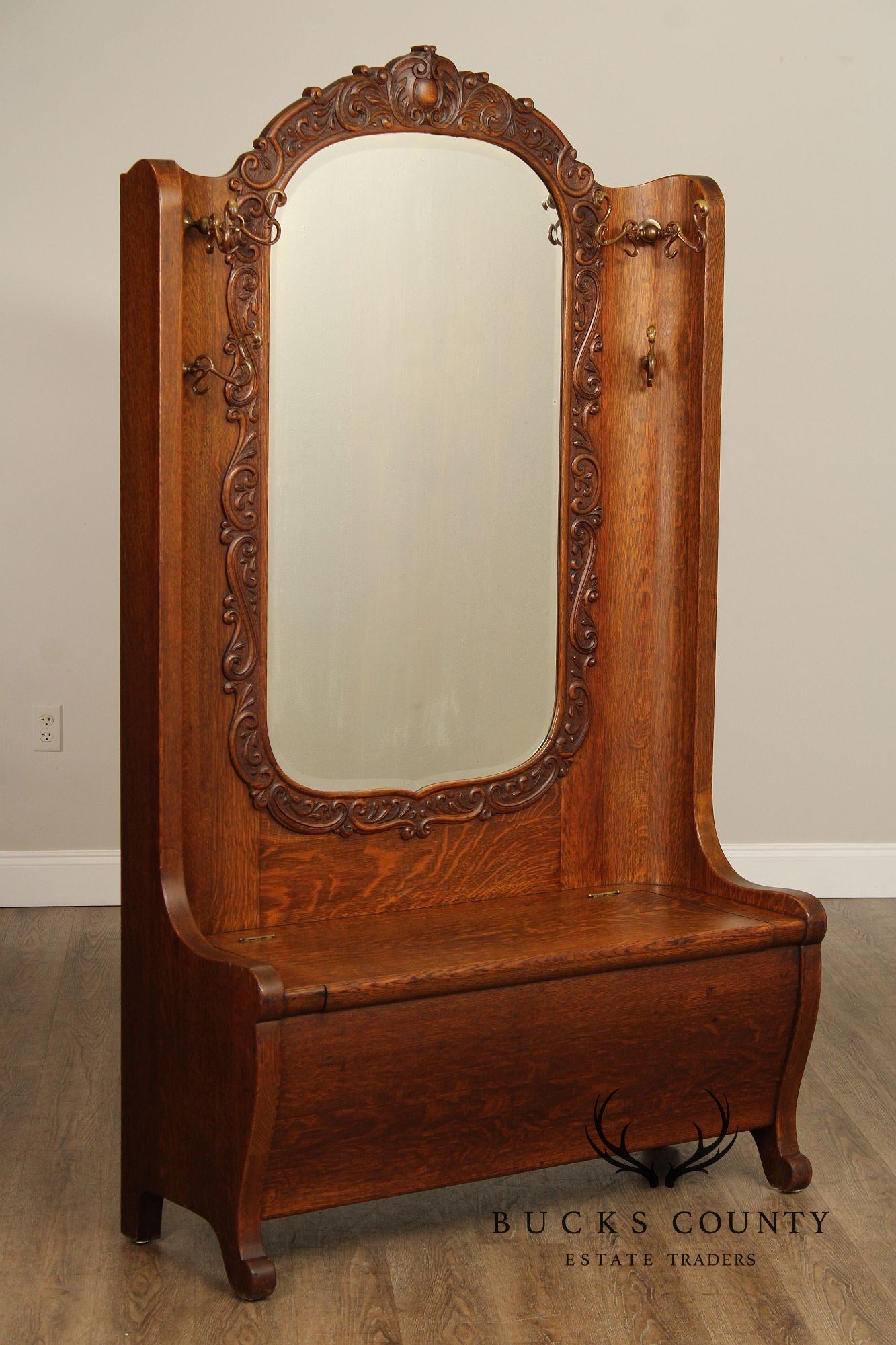 Antique Victorian Oak Mirrored Hall Tree