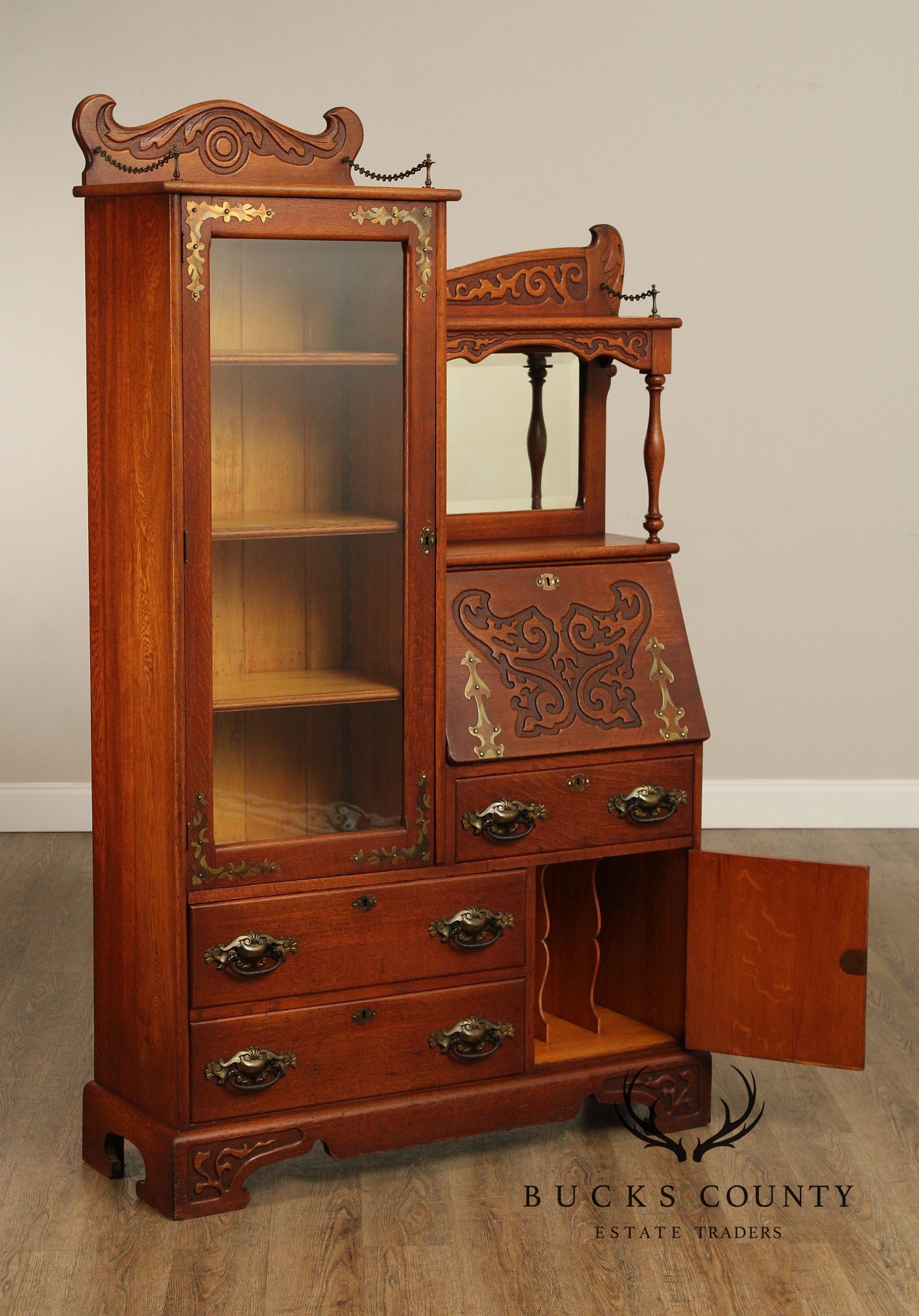 Antique Victorian Carved Oak Side-by-Side Secretary Desk Bookcase