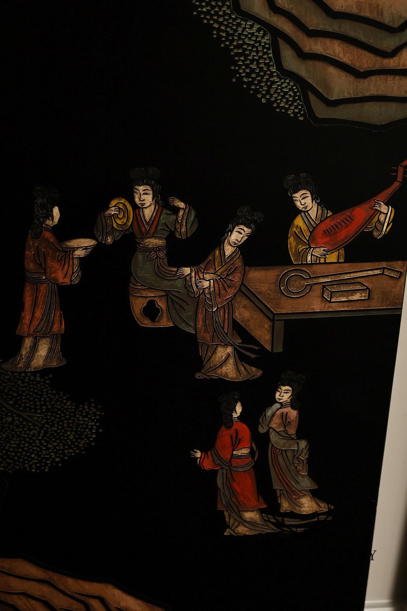 Asian Style Black Vintage Lacquer Six Panel Folding Screen