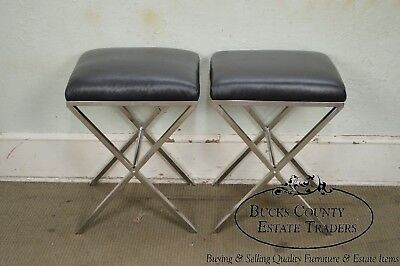 X Base Pair of Chrome & Leather Stools