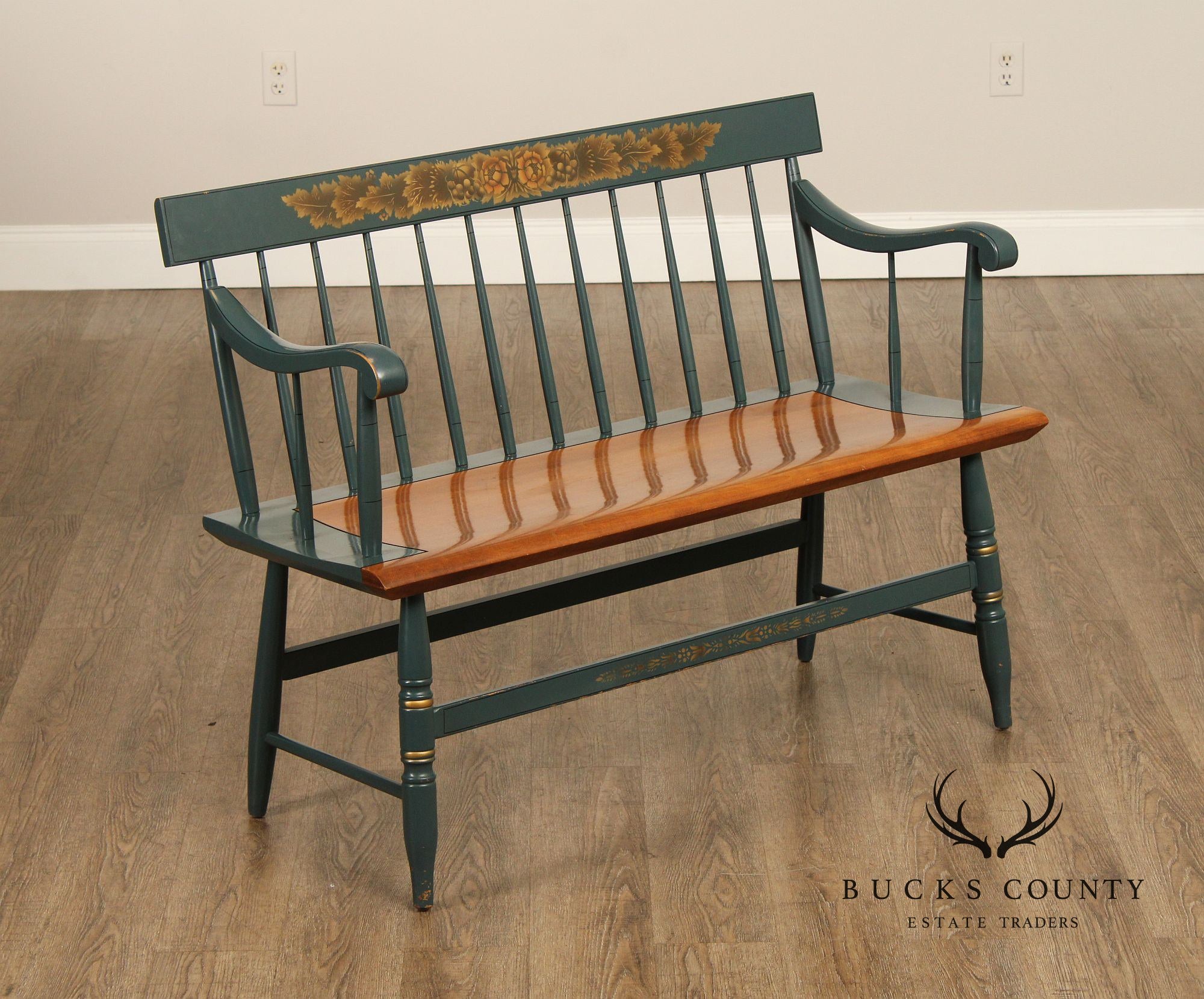 L. Hitchcock Painted Harvest Decorated Windsor Style Settee Bench