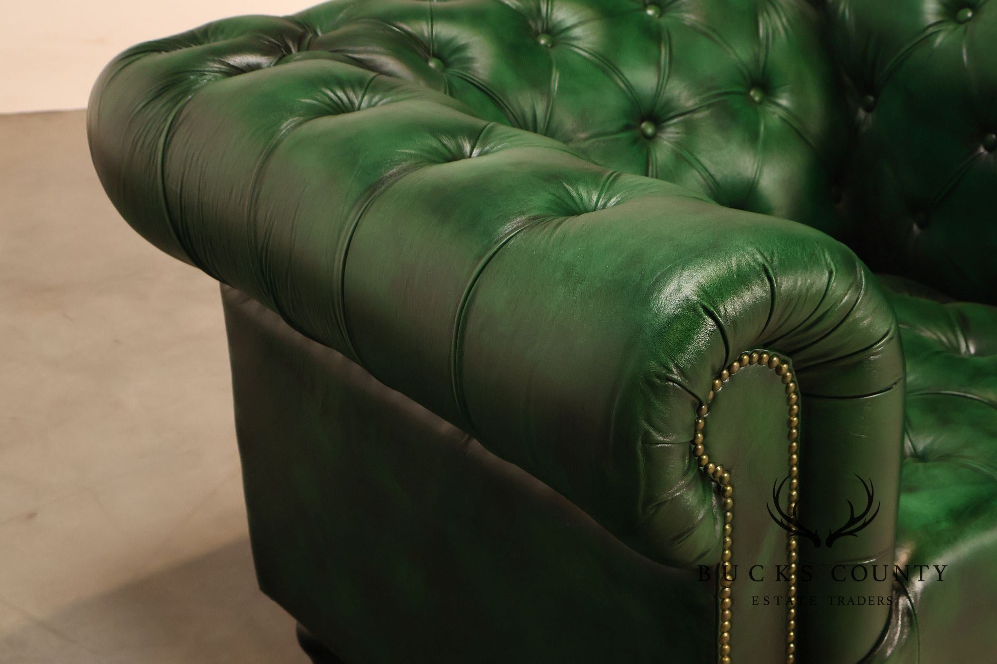 Chesterfield Style Pair of Green Leather Club Chairs