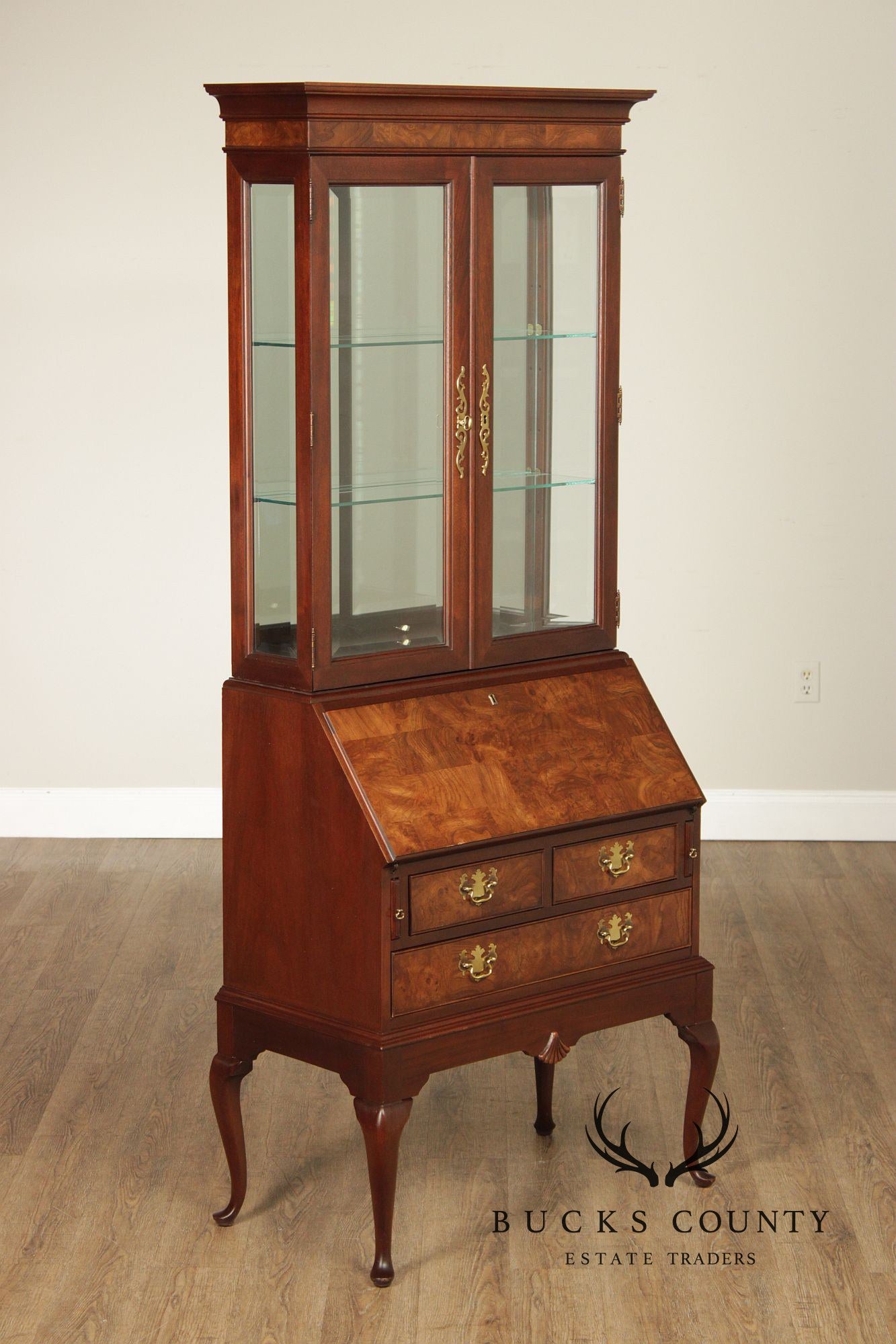 Hekman Georgian Style Lighted Secretary Desk And Display Cabinet
