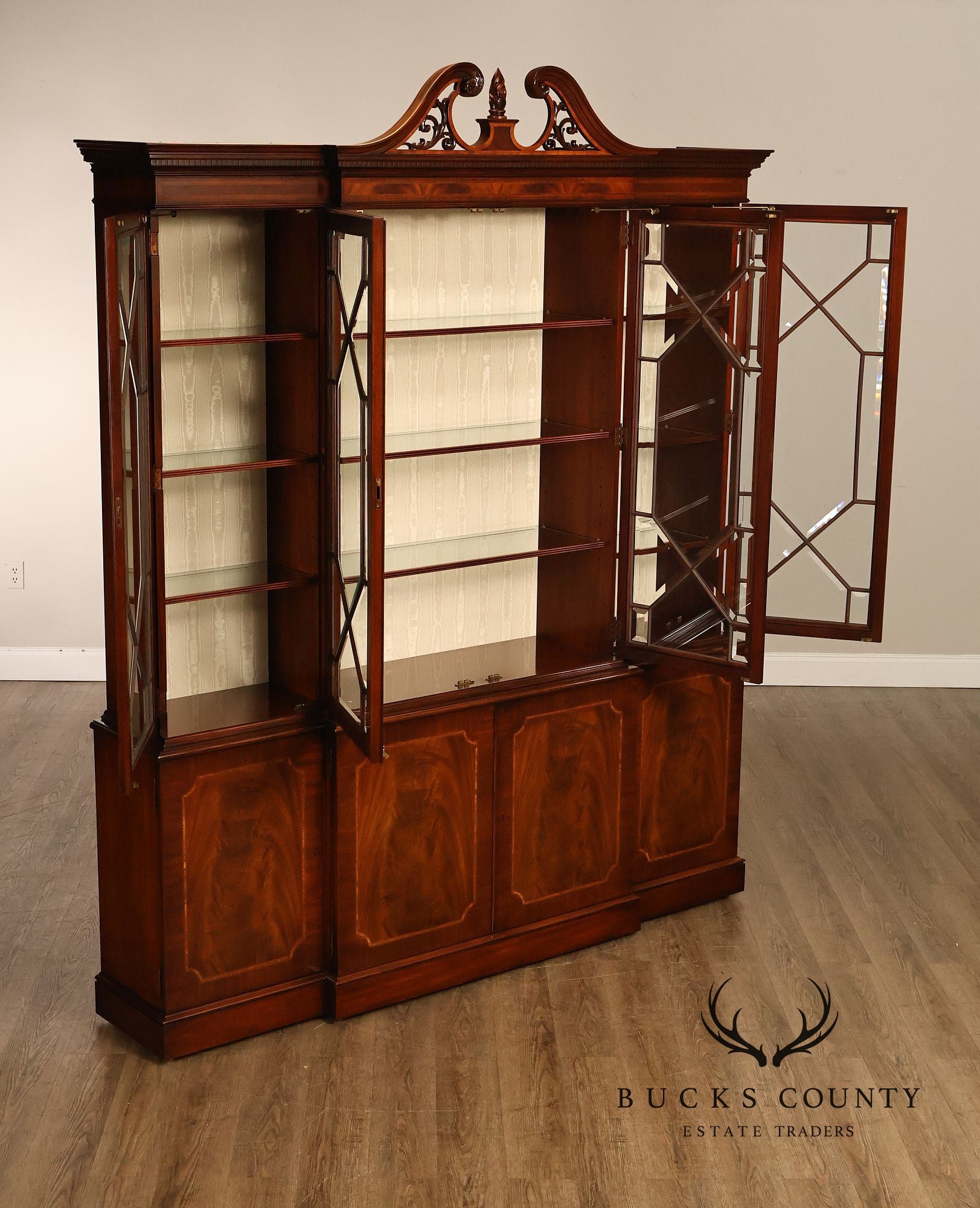 Karges English Style Mahogany Breakfront China Cabinet Display Bookcase with Carved Pediment and Silk Backing