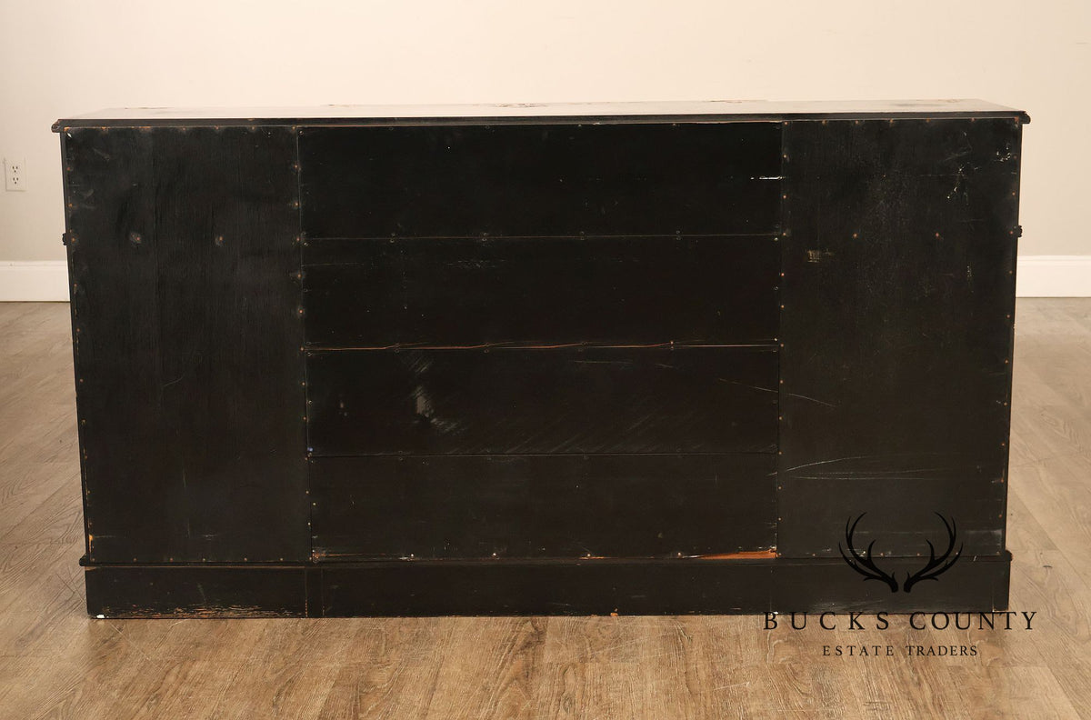 Chinoiserie Style Black Lacquer Hand Painted Sideboard With Hidden Secretary Desk