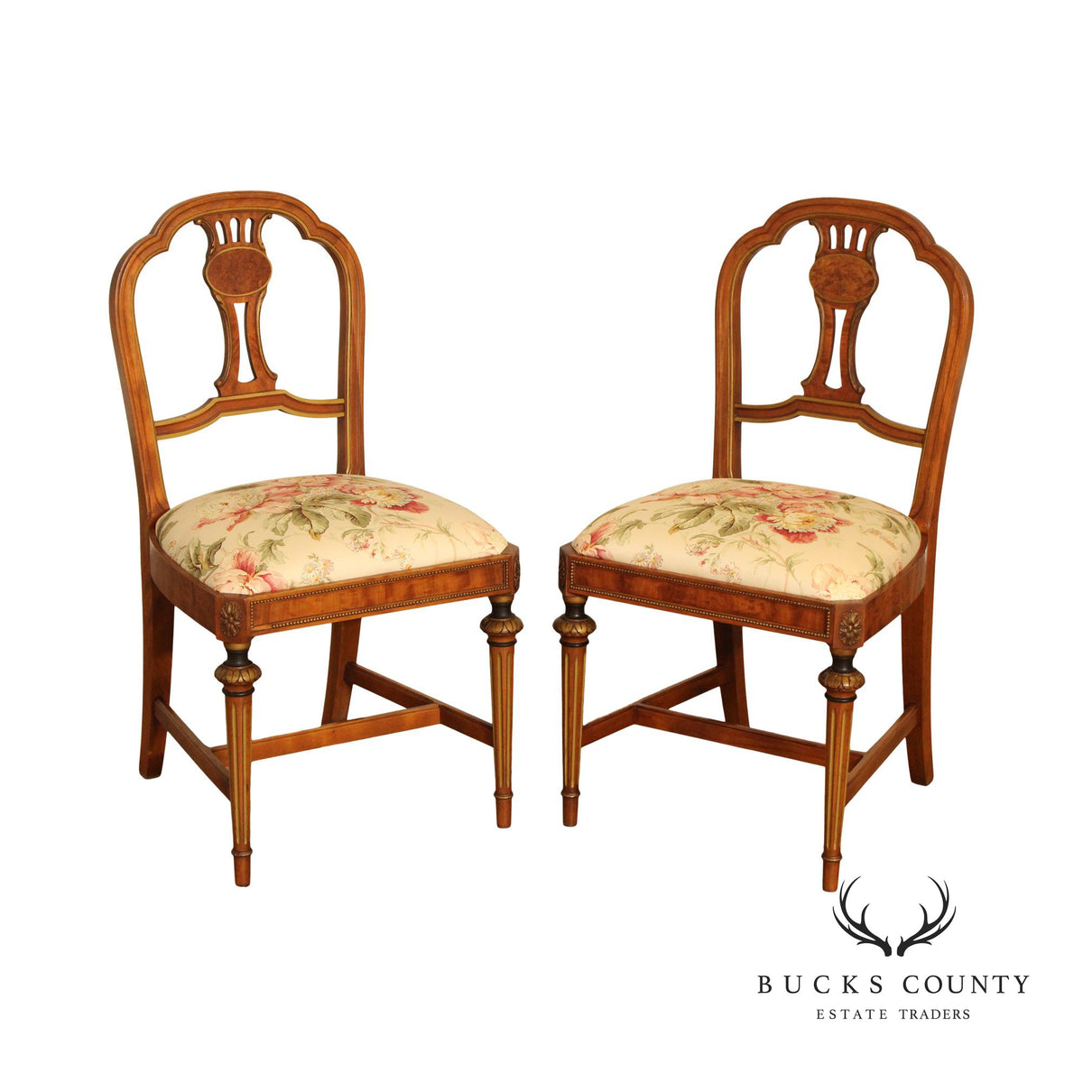 Sligh 1930's French Louis XVI Style Pair of Partial Gilt Burlwood Side Chairs