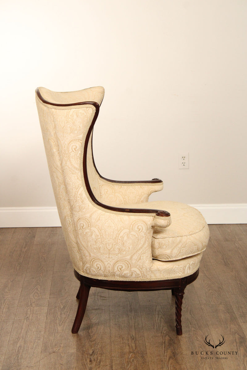 1940's Regency Style Mahogany Frame Damask Wing Chair