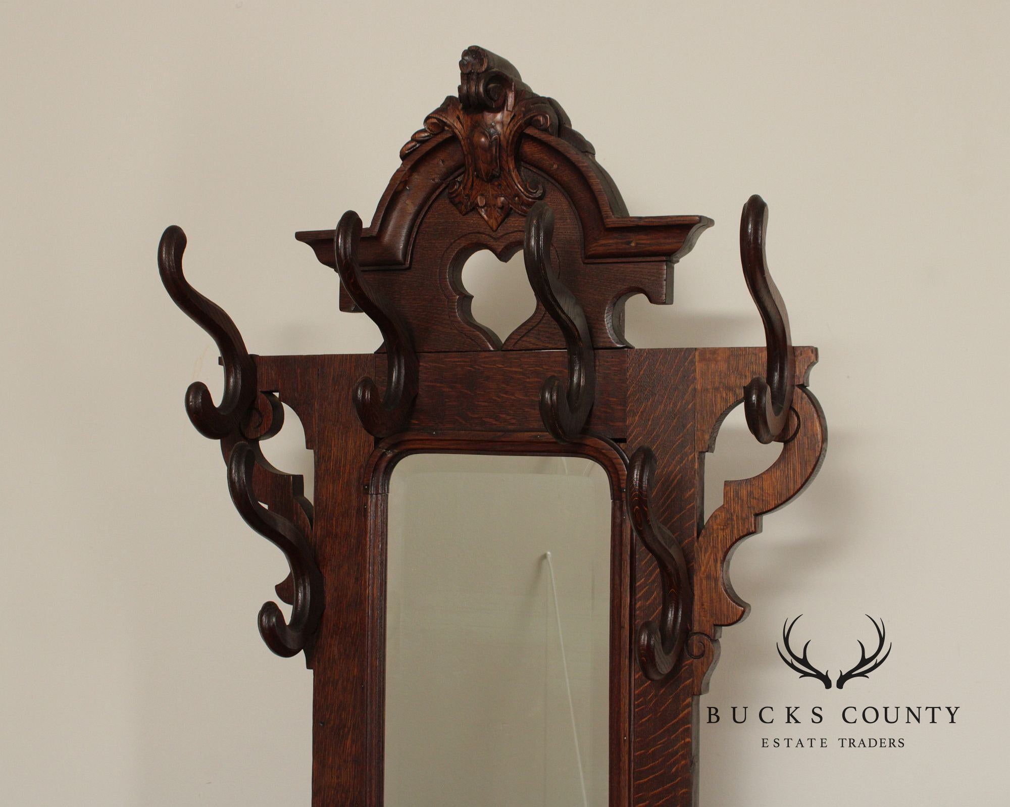 Antique Victorian Carved Oak Hall Tree With Mirror