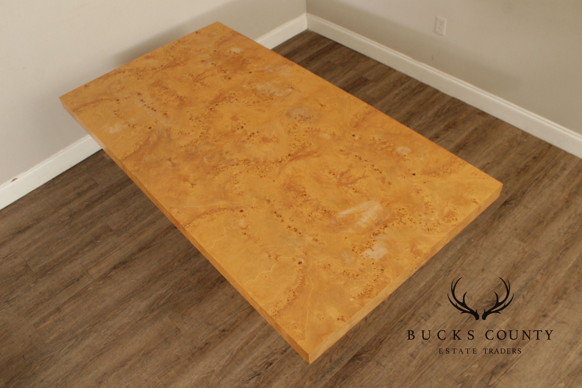 Milo Baughman Style Burlwood Extension Dining Table with 2 Leaves