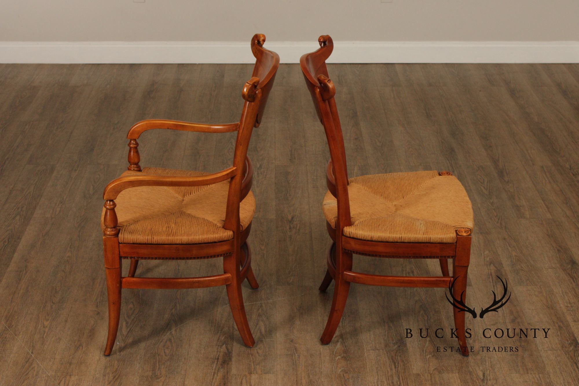 Federal Style Set of Four Eagle-Carved Rush Seat Dining Chairs