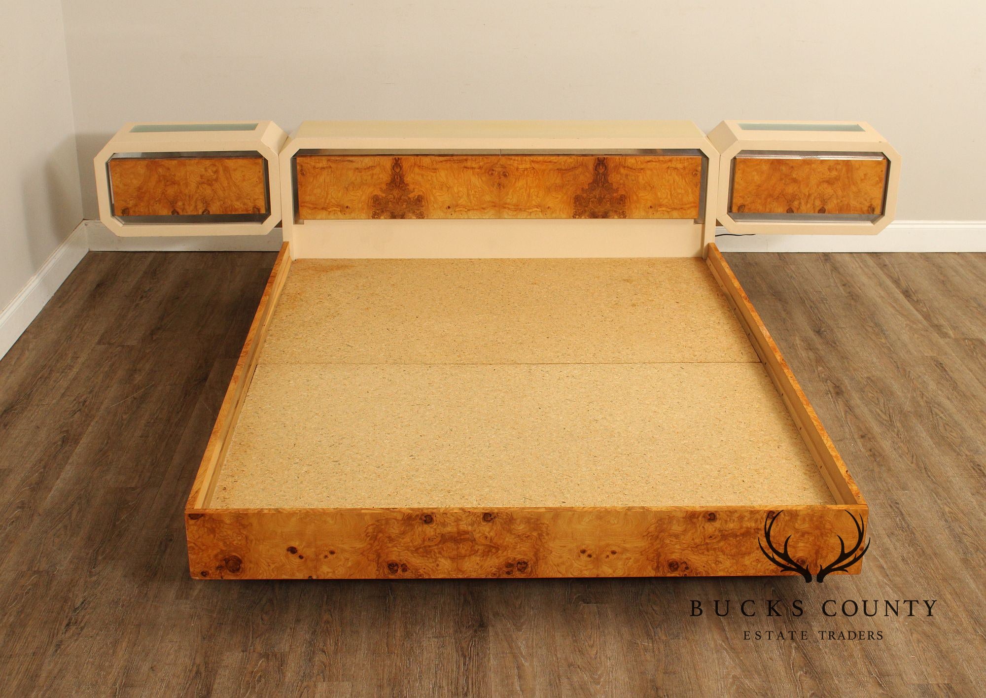 Pace Collection Mid Century Modern Burlwood Queen Size Platform Bed With Floating Headboard And Nightstands