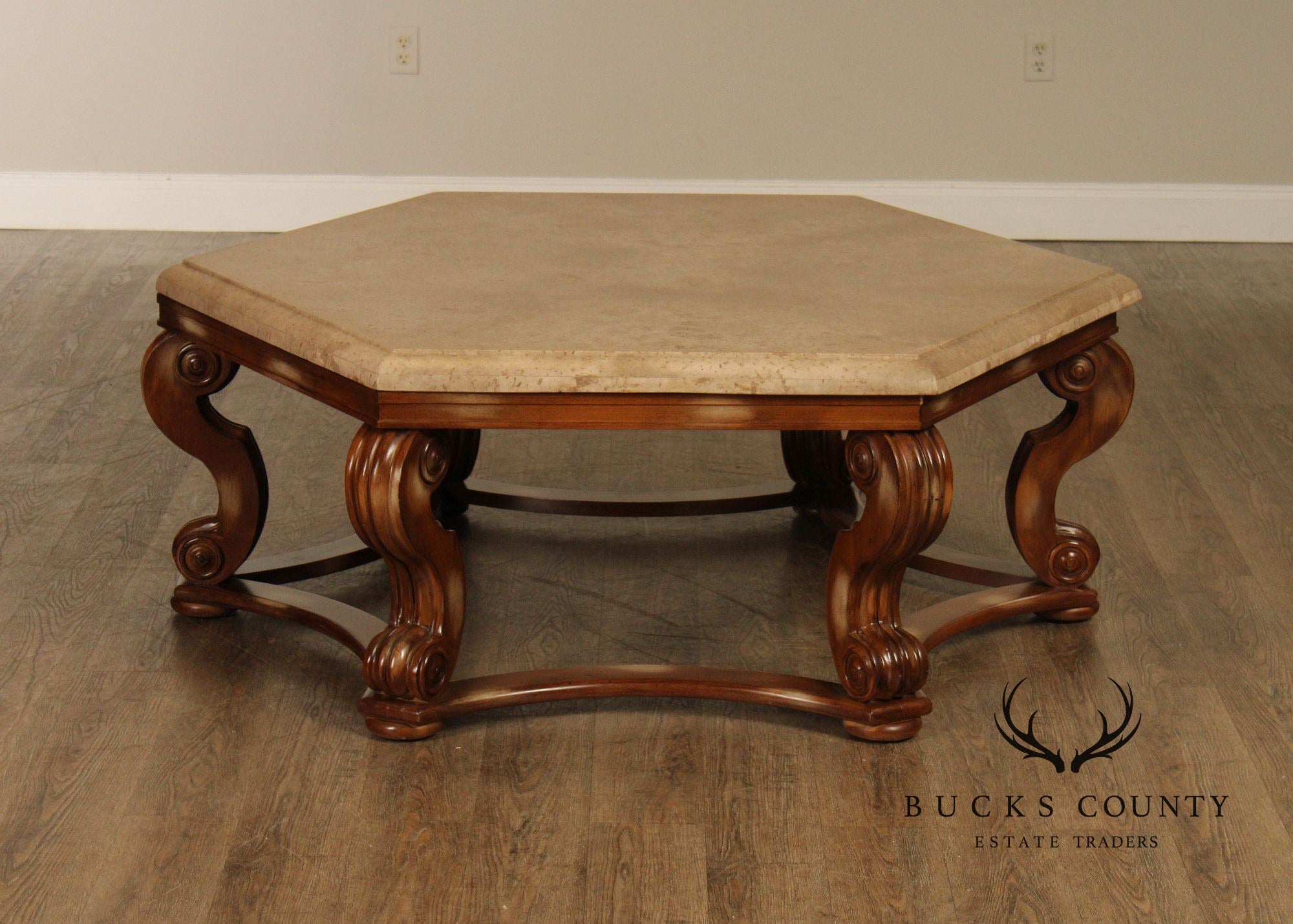 Century Furniture Tuscan Style Large Travertine Top Hexagonal Coffee Table