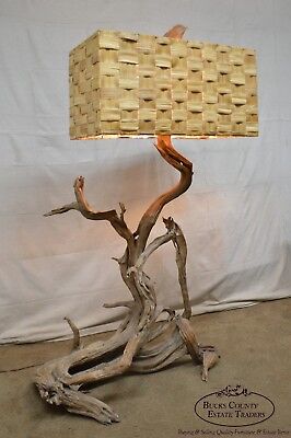 Mid-Century Large Driftwood Floor Lamp with Sabutan Dornbush Woven Shade